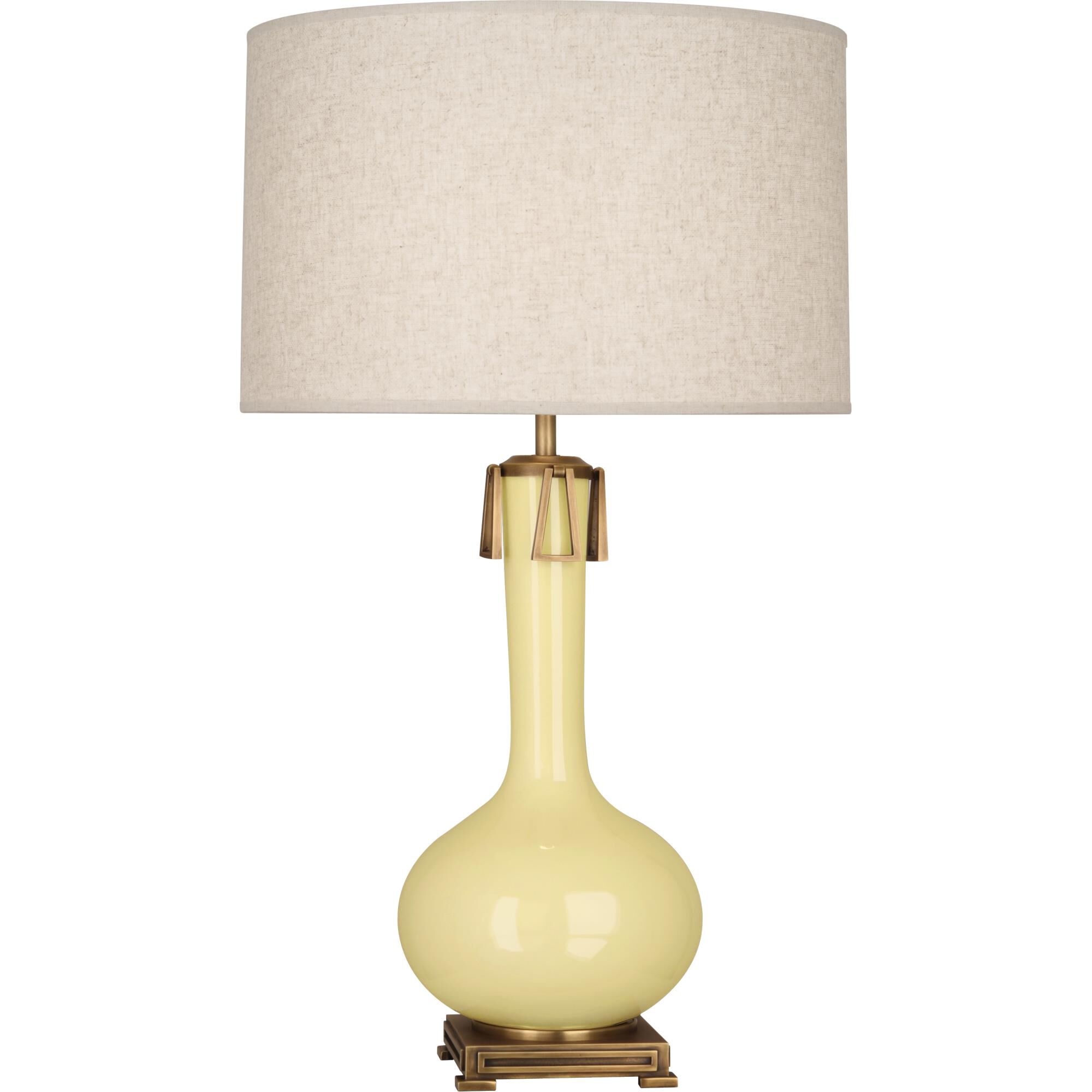Shown in Butter Glazed Ceramic With Aged Brass Accents finish and Open Weave Heather Linen shade