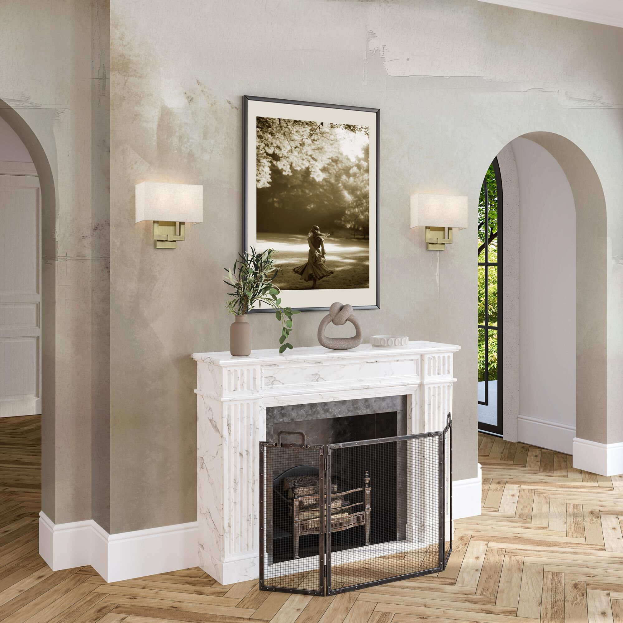 Shown in Antique Brass finish and Hand Crafted Oatmeal Color Fabric with White Color Inside shade