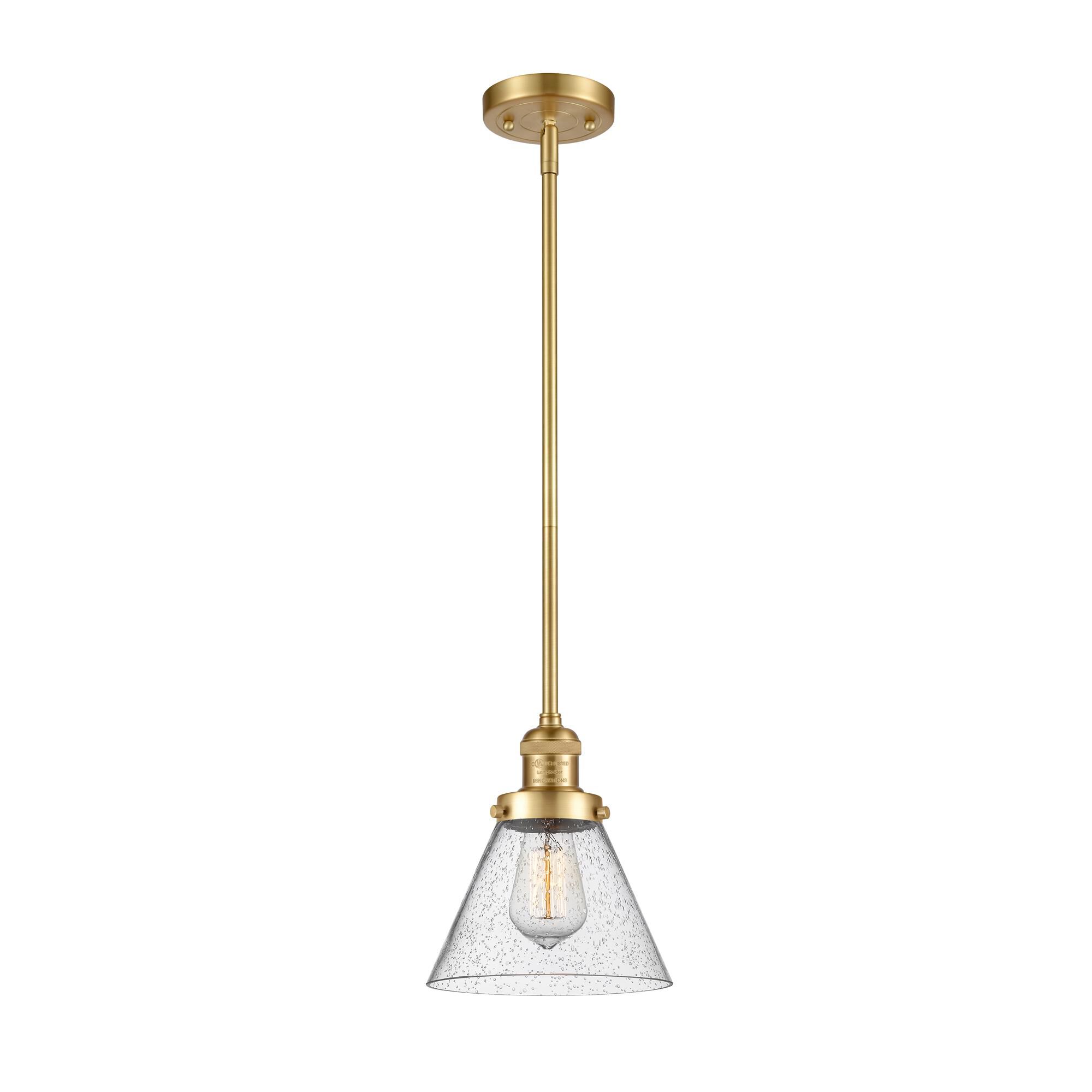 Shown in Satin Gold finish and Seedy Large Cone glass