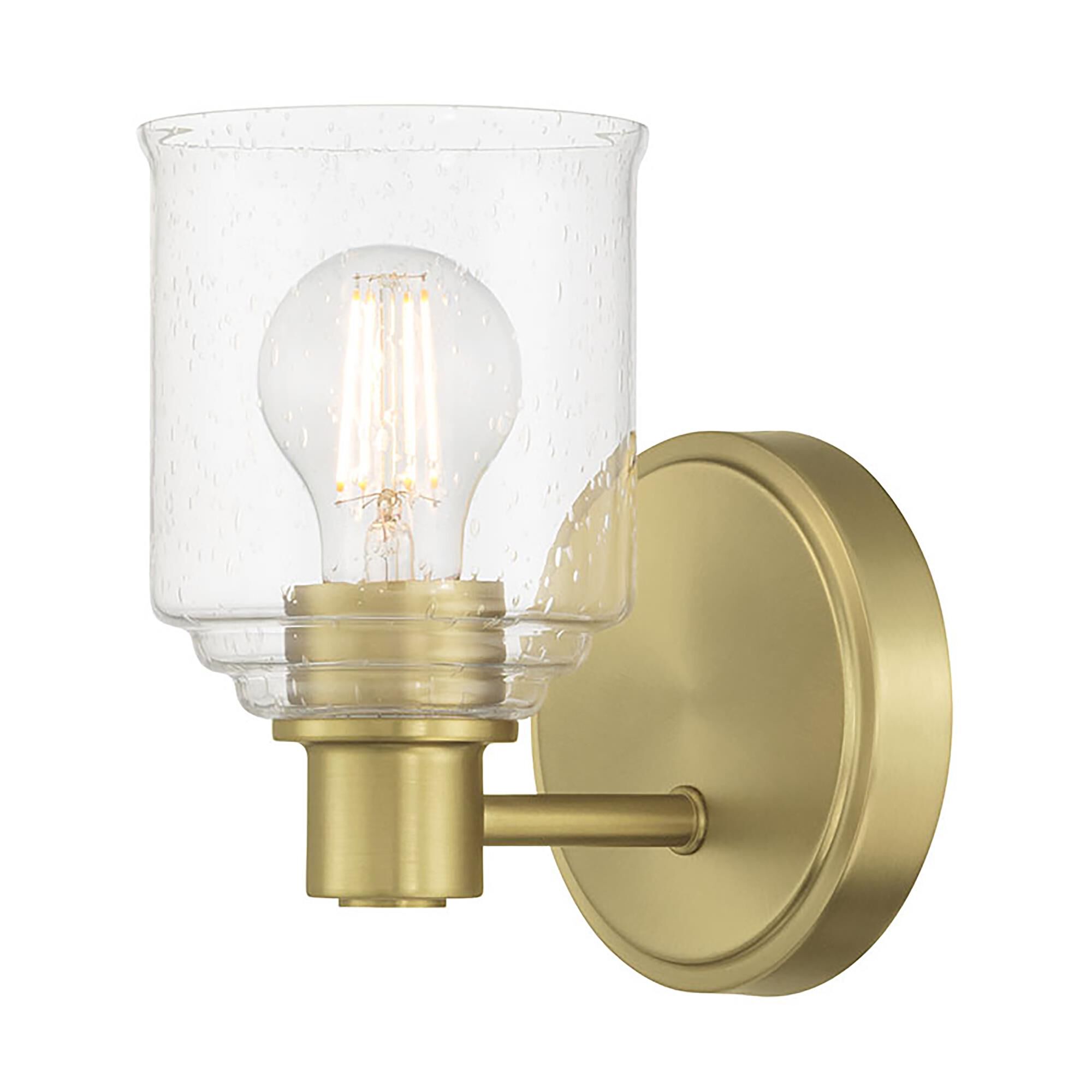 Shown in Vintage Brass finish and Clear Seeded glass