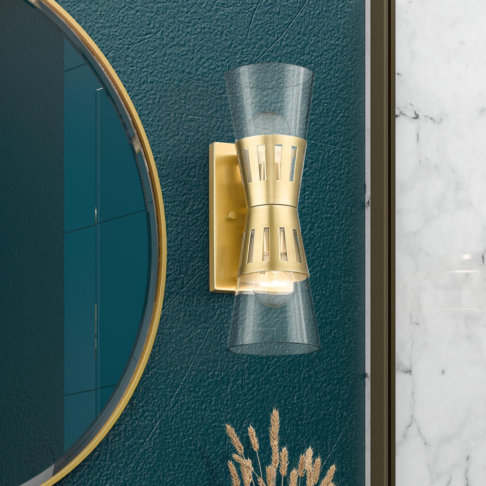 Shown in Natural Brass finish and Hand Blown Clear glass