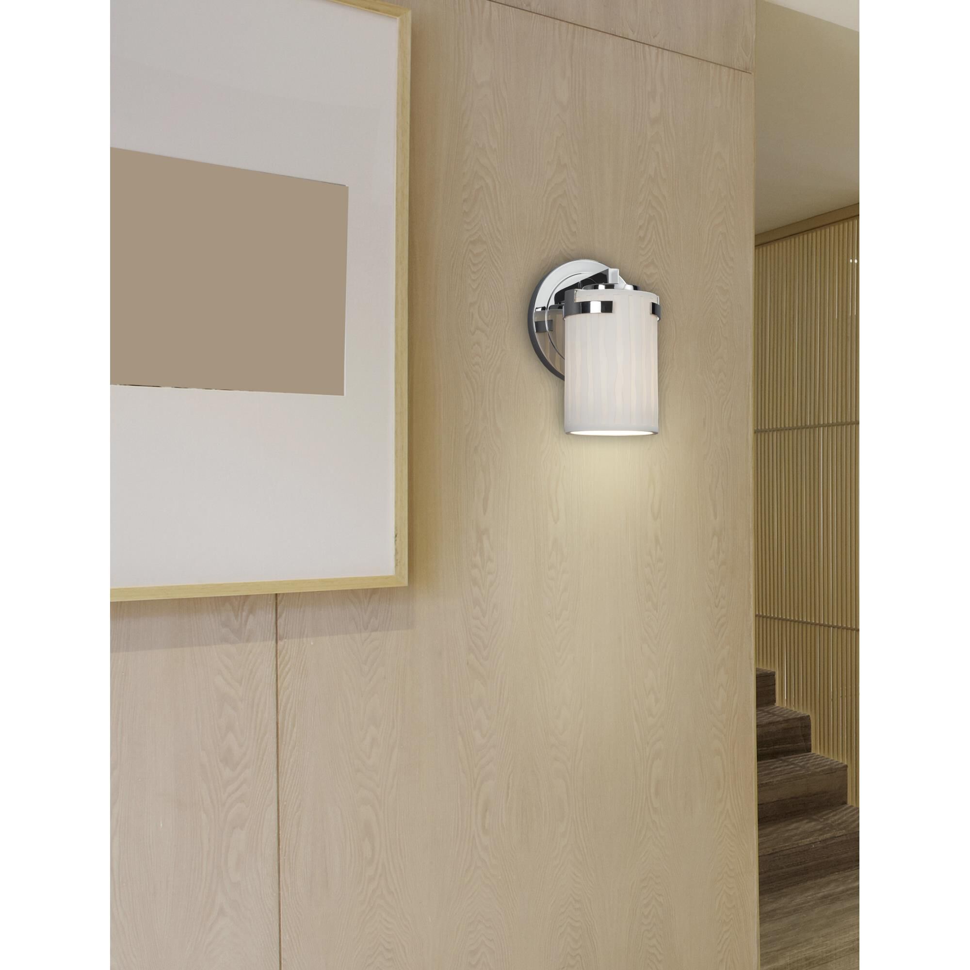 Shown in Polished Chrome finish and Translucent Porcelain glass and Waterfall shade and Cylinder with Flat Rim accent