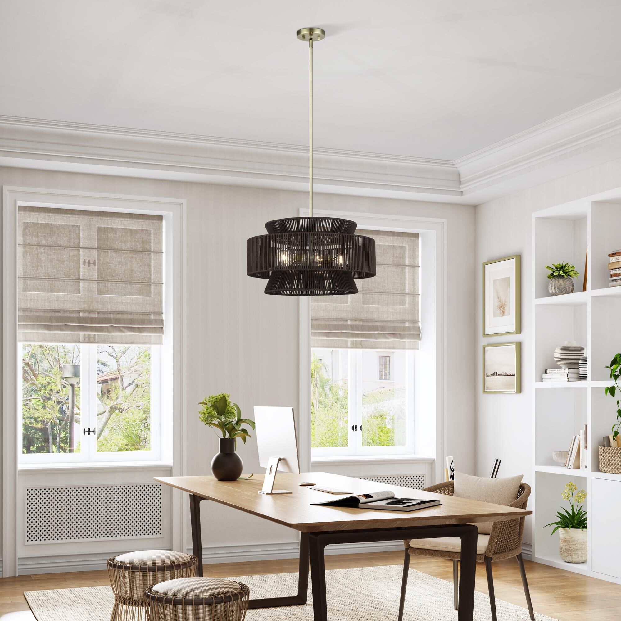 Shown in Antique Brass finish and Hand-Woven Dark Chocolate Color Polyester Rope shade