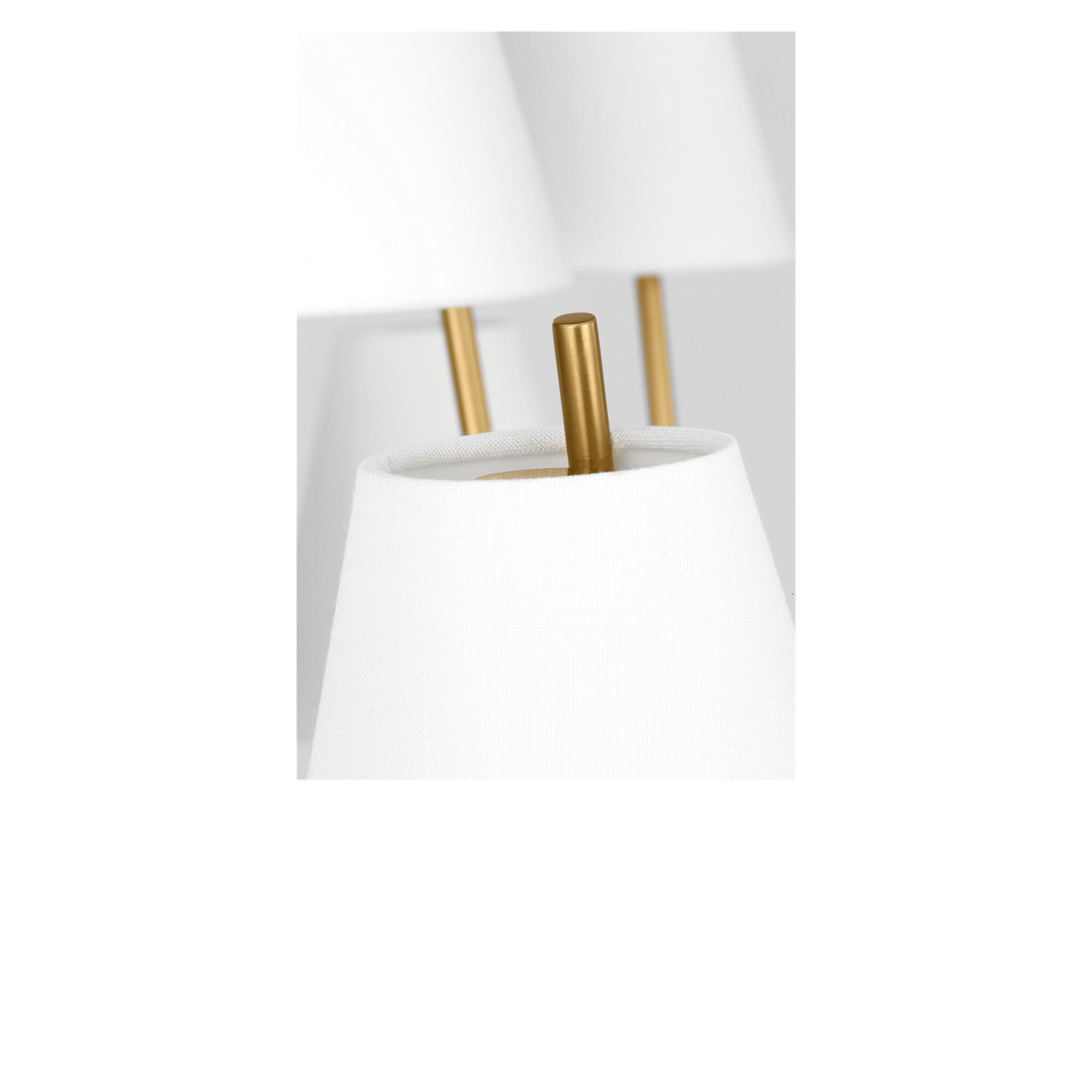 Shown in Burnished Brass finish and White Linen Fabric shade