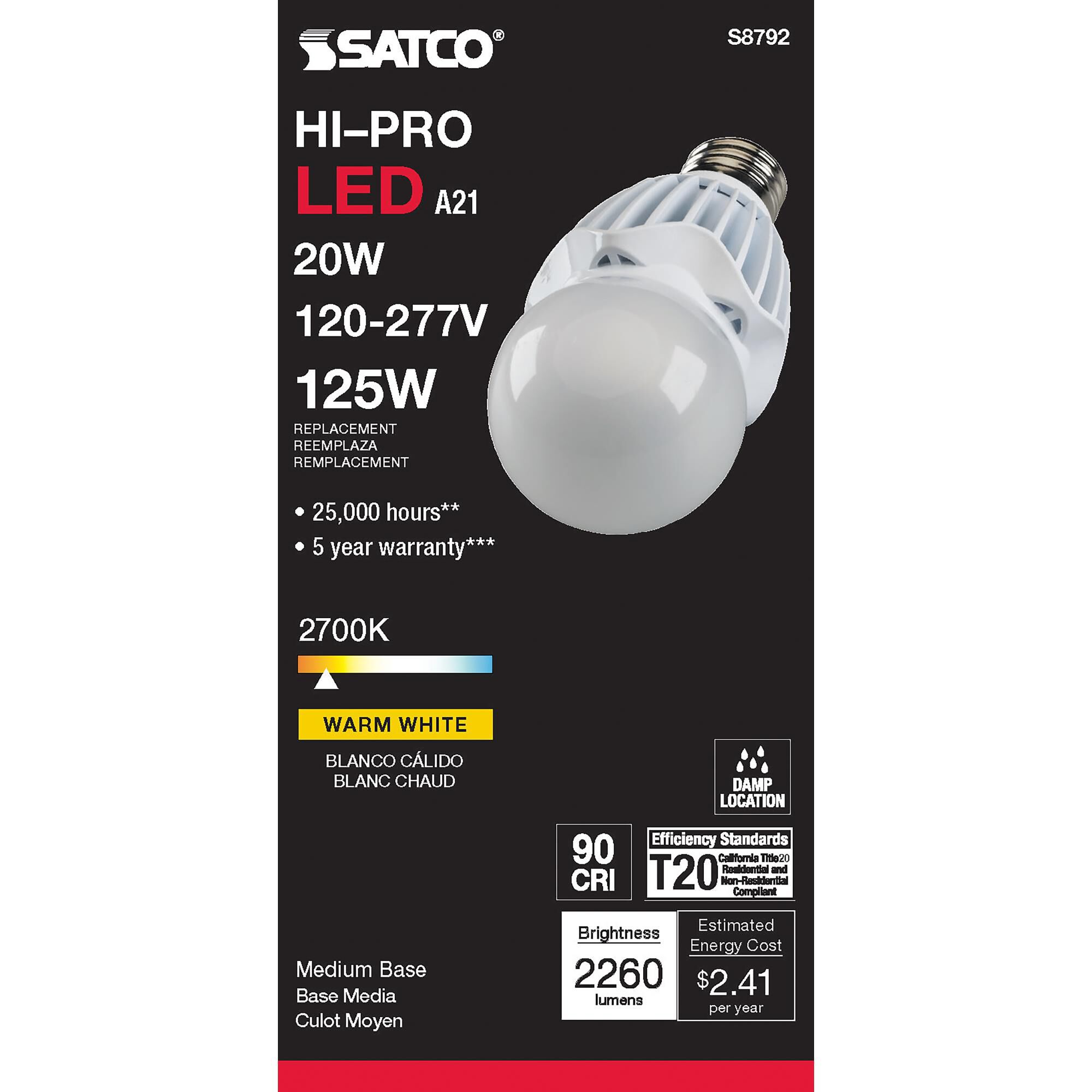 20 Watt 2700K A21 LED Light Bulb by Satco