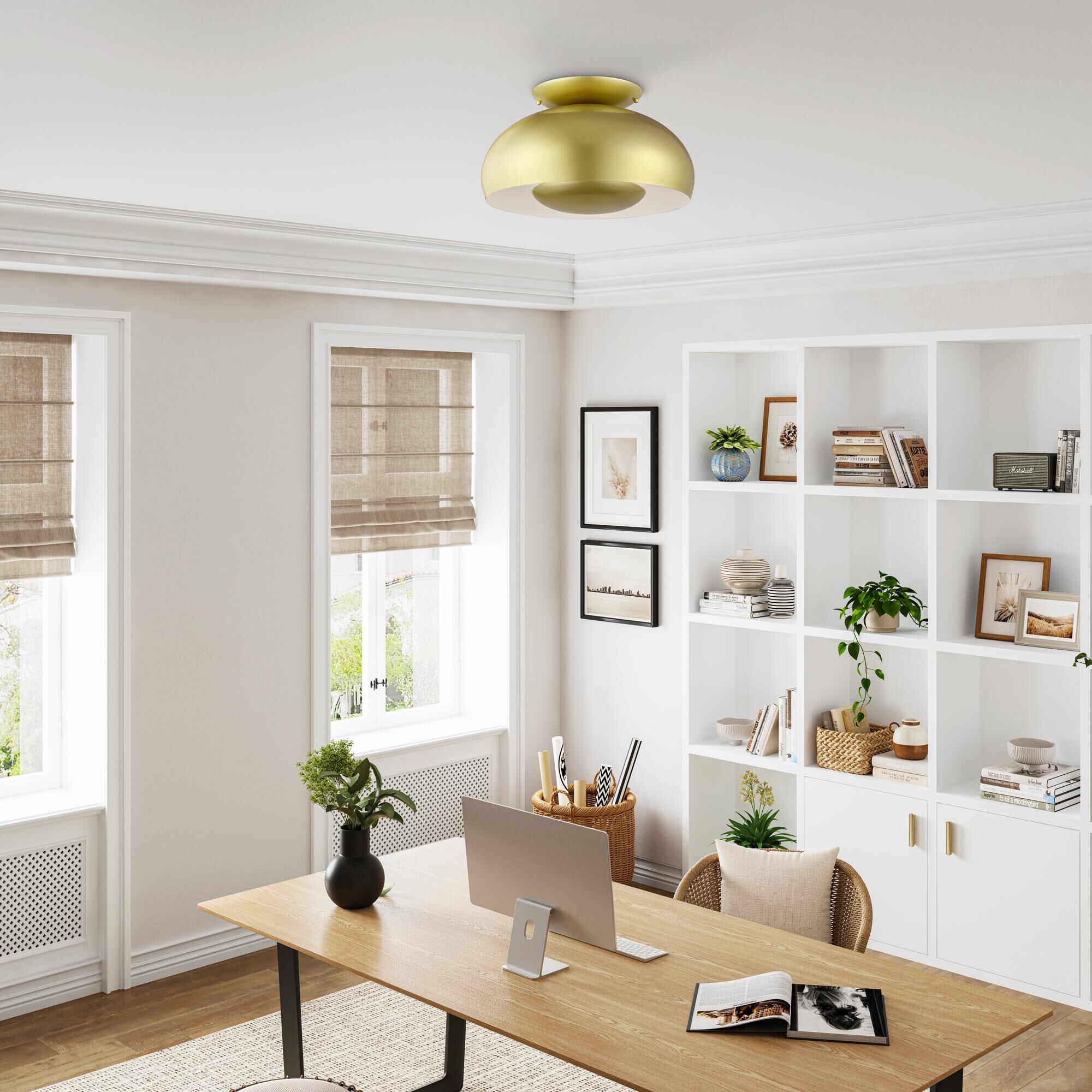 Shown in Soft Gold finish and Soft Gold Steel with Shiny White Inside shade