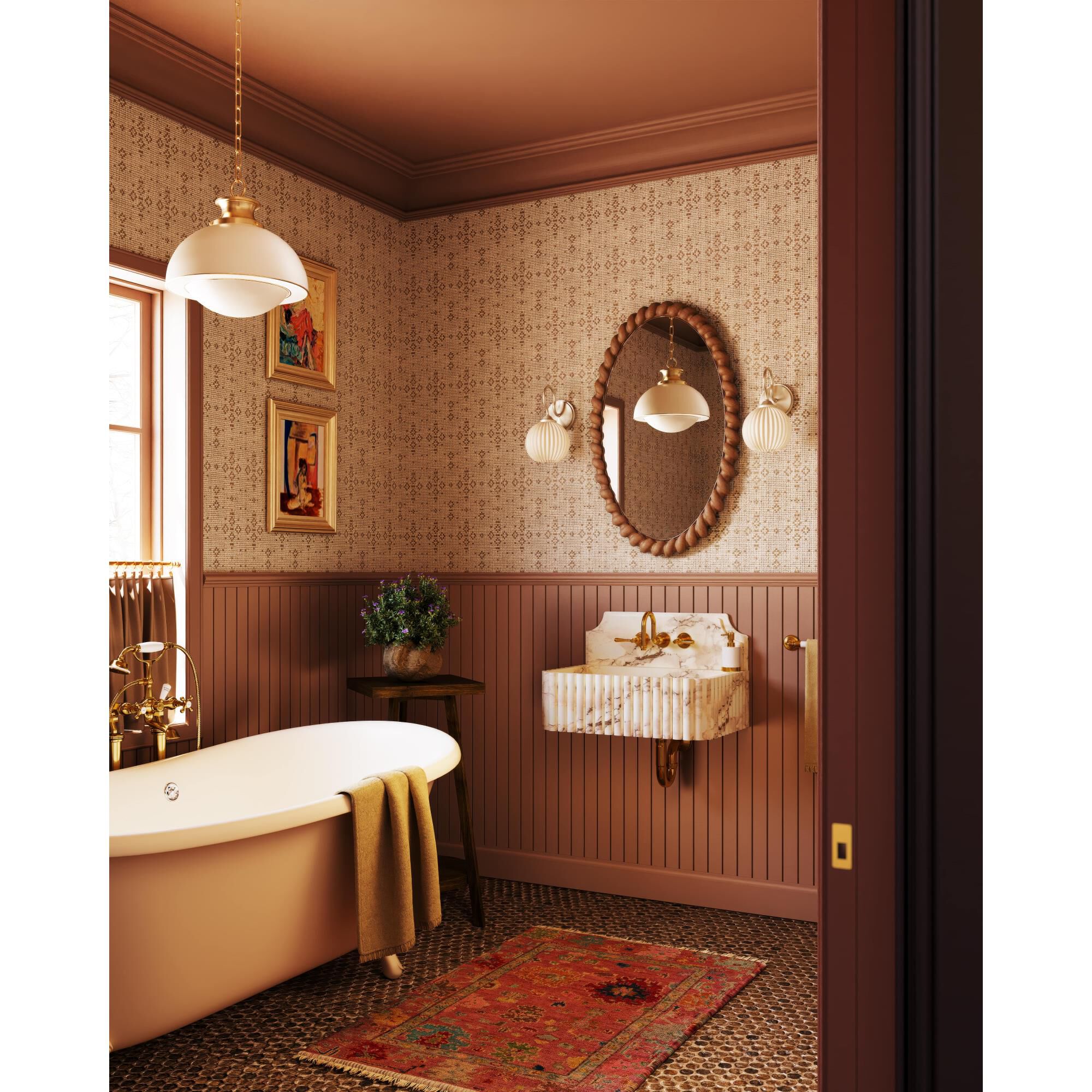 Shown in Aged Brass finish and Opal Glossy with Gold Leaf Trim glass