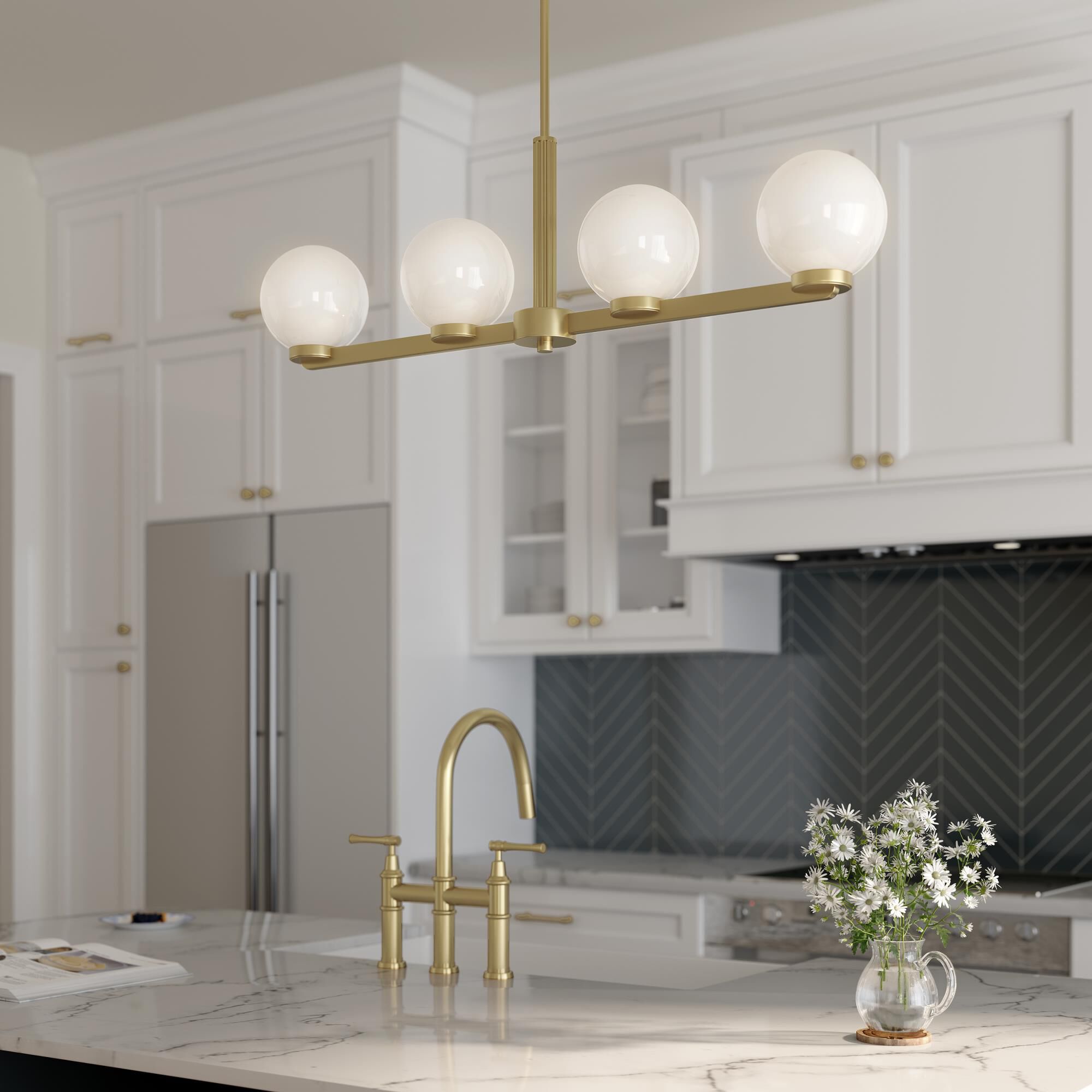 Shown in Vintage Brass finish and Shiny Opal glass