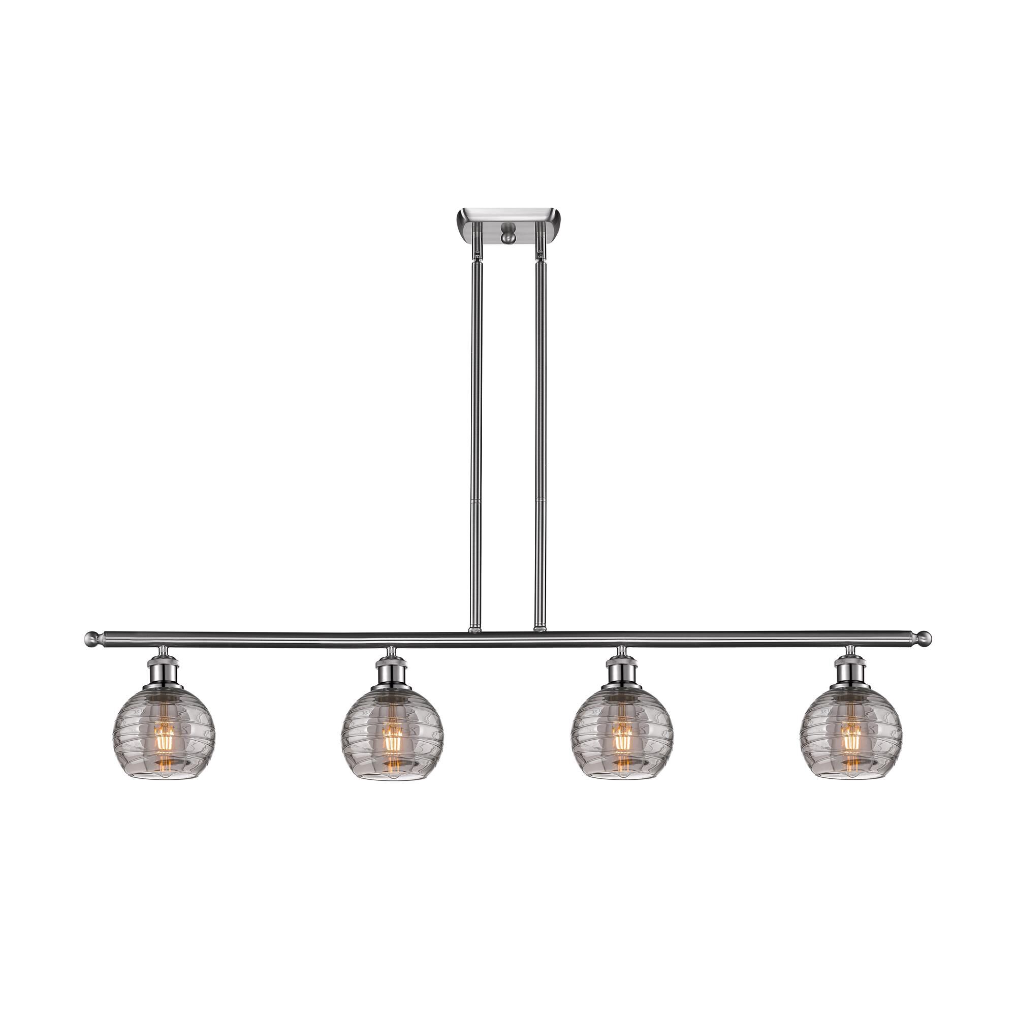 Shown in Brushed Satin Nickel finish and Light Smoke Deco Swirl glass