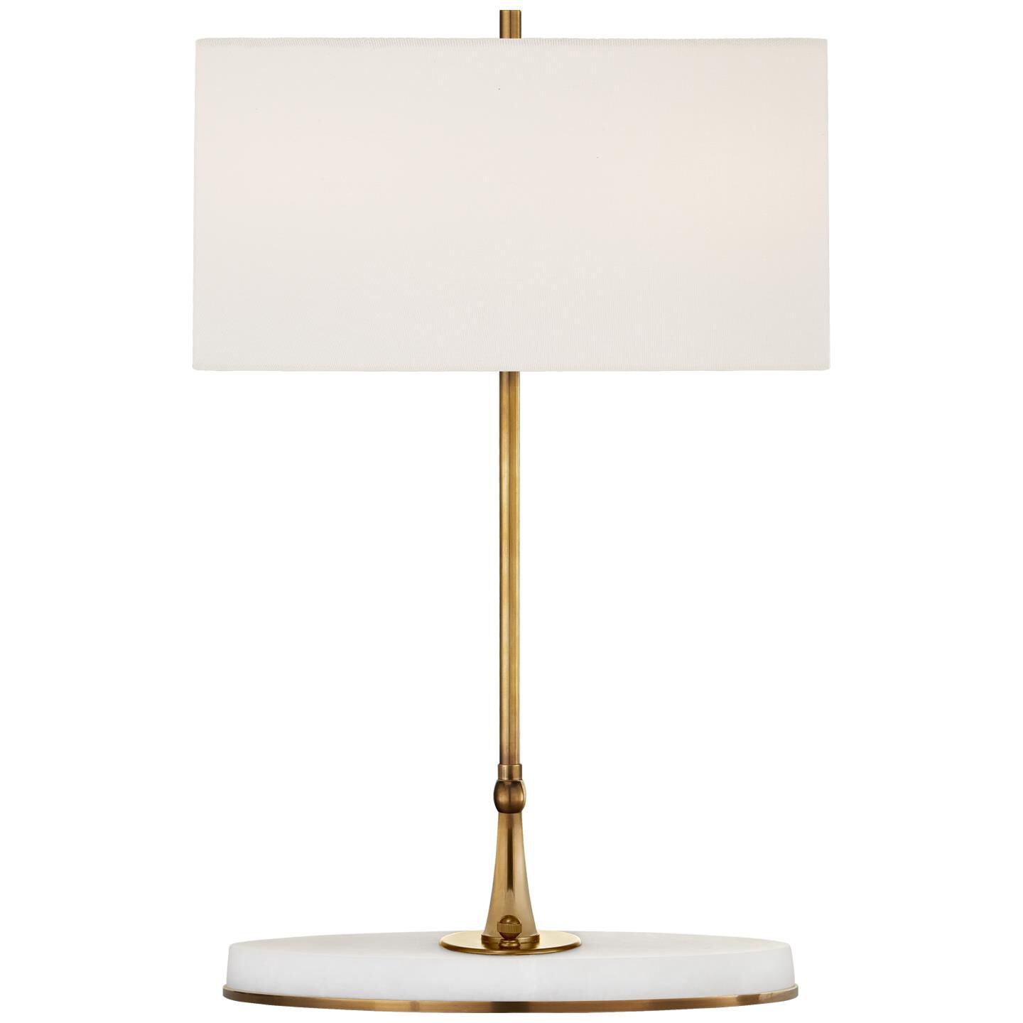 Shown in Hand-Rubbed Antique Brass finish and Oval Linen shade