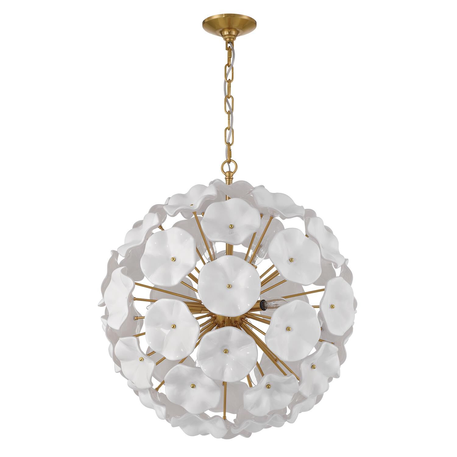 Shown in Aged Brass finish and Floral Petals White glass