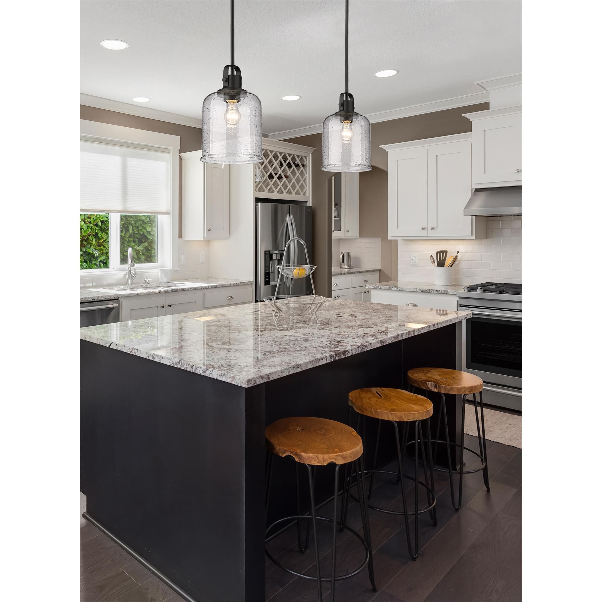 Shown in Matte Black finish and Clear Seeded glass and No Shade shade