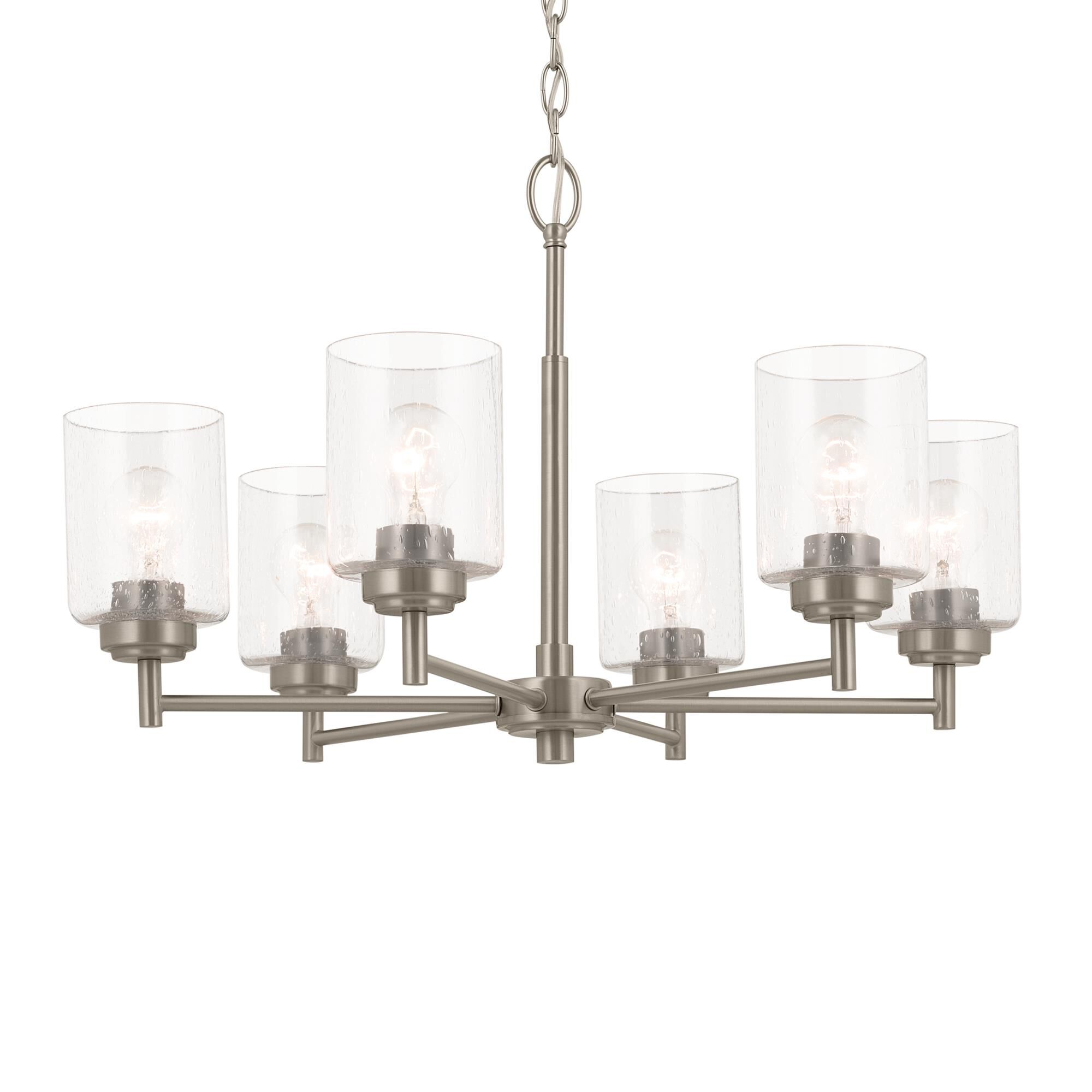 Shown in Brushed Nickel finish and Clear Seeded glass