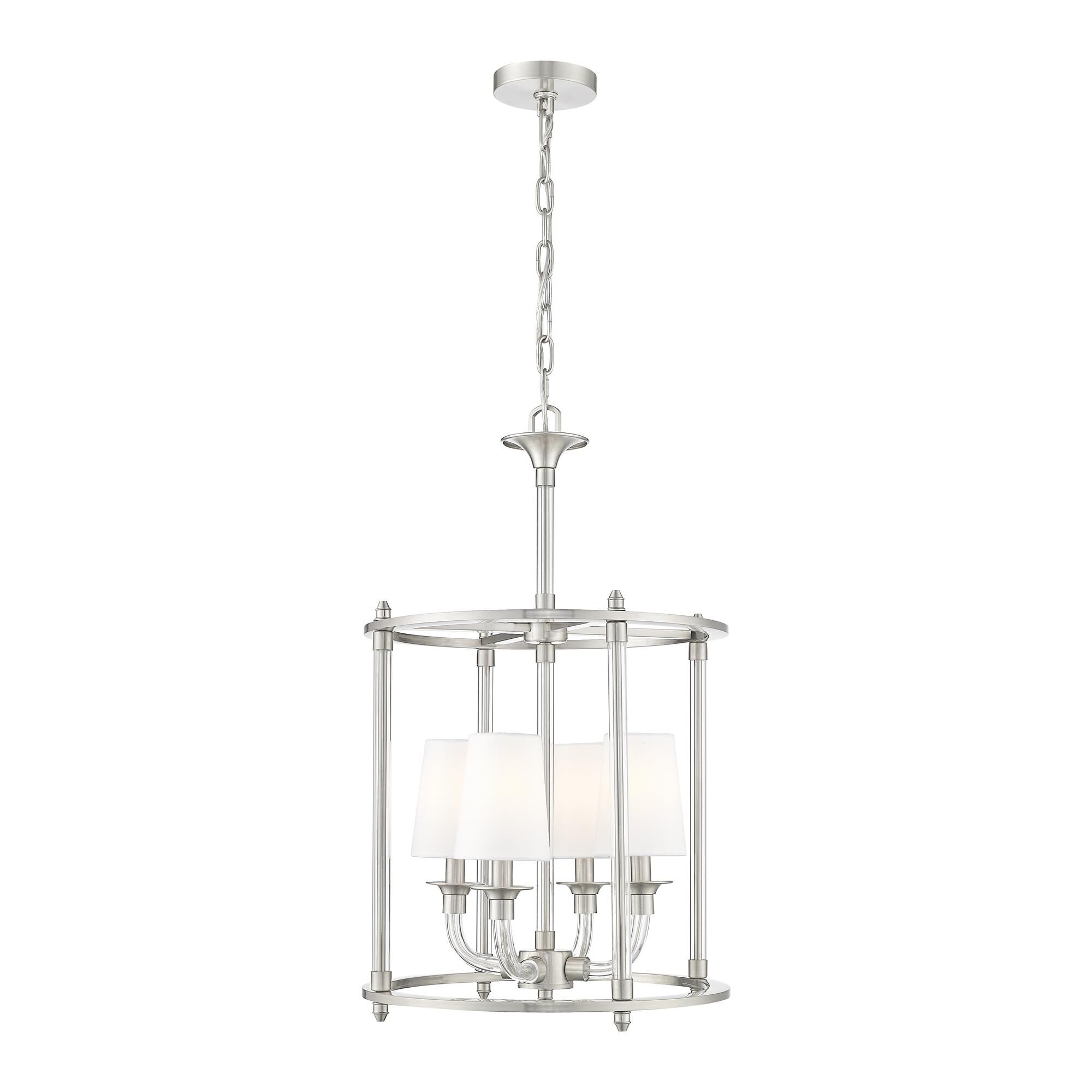 Shown in Brushed Nickel finish and White glass and White shade