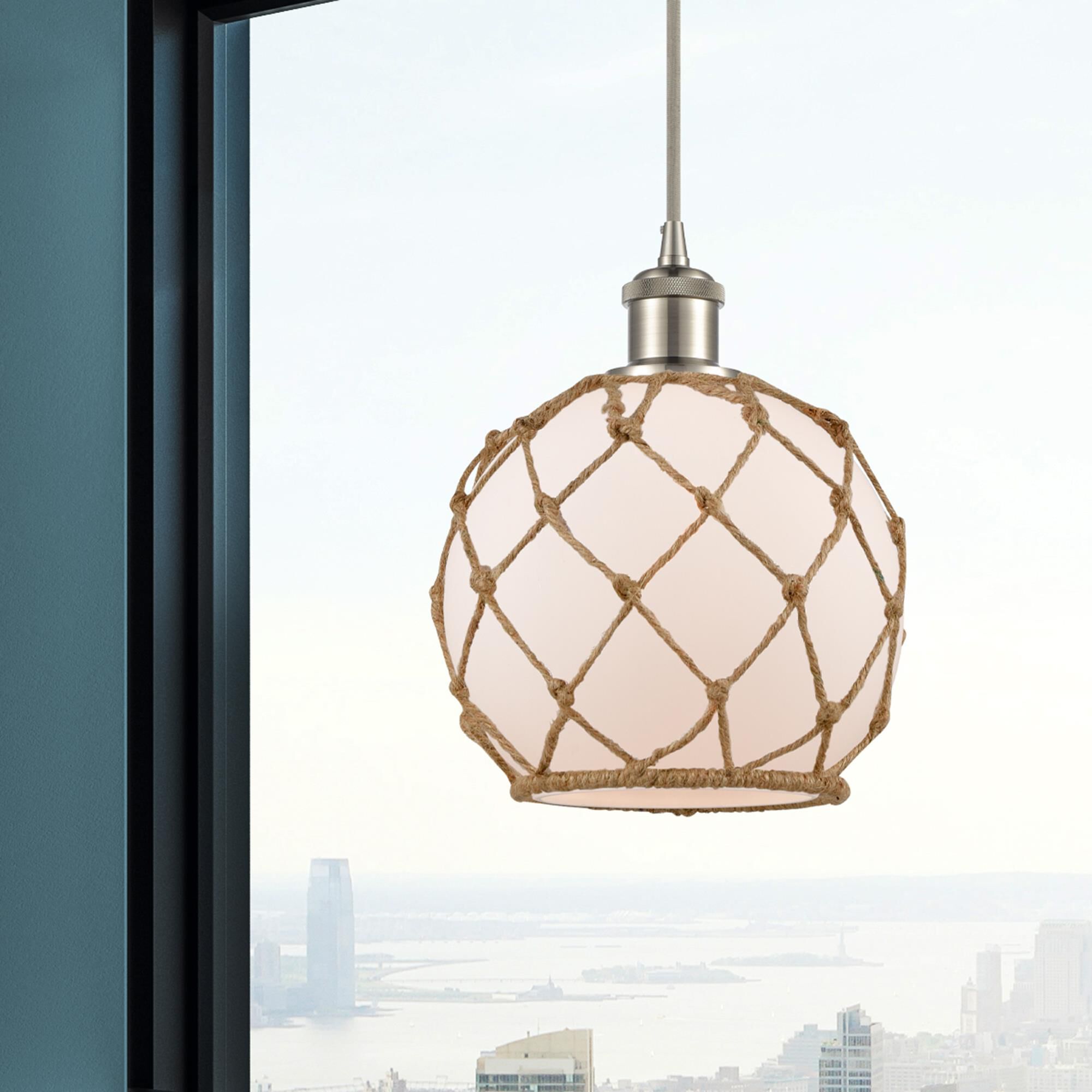 Shown in Brushed Satin Nickel finish and White With Black Rope glass