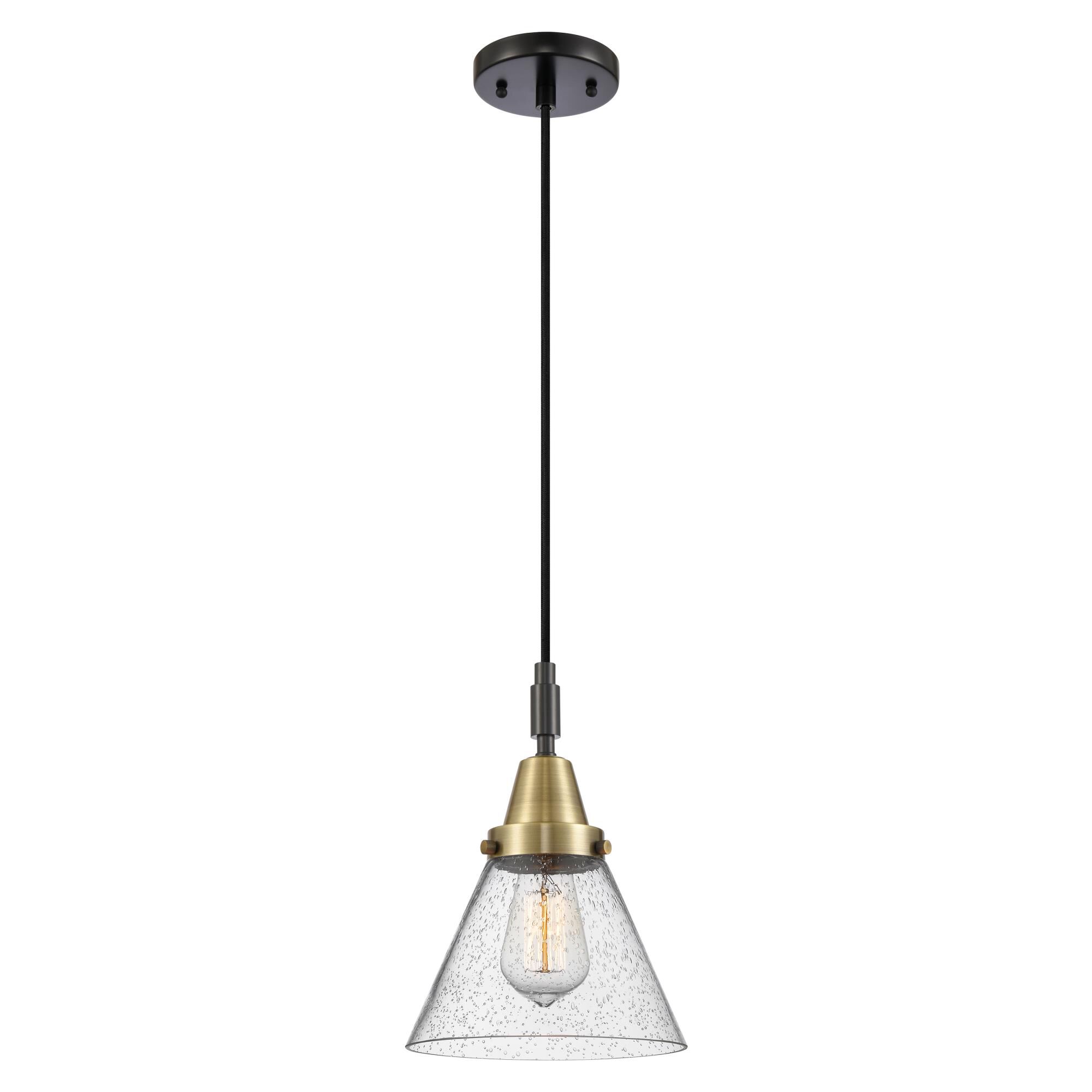 Shown in Black Antique Brass finish and Seedy glass