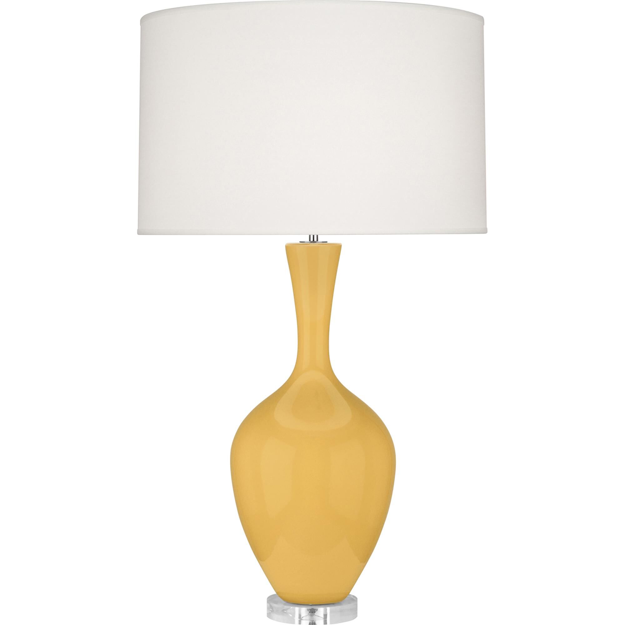Shown in Sunset Yellow Glazed Ceramic finish and Fondine Fabric shade