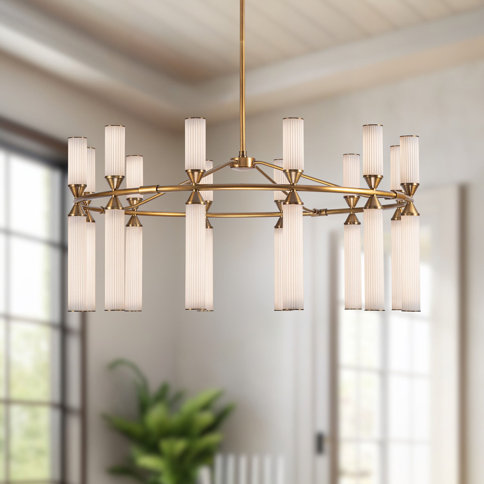 Shown in Vintage Brass finish and Frosted Ribbed glass