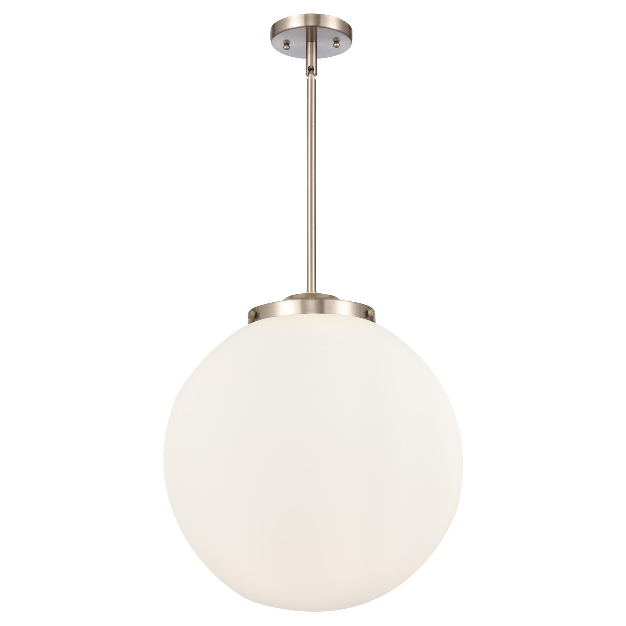Shown in Brushed Satin Nickel finish and Matte White glass