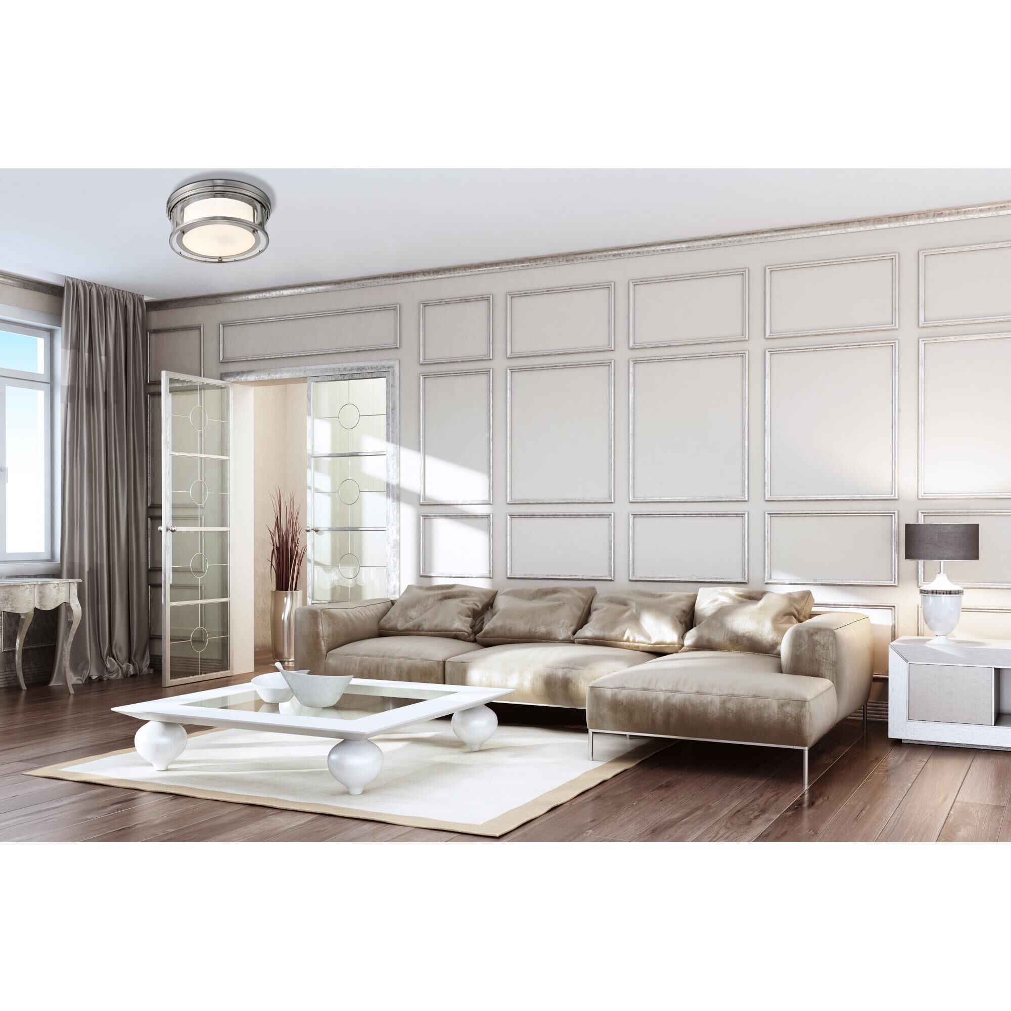 Shown in Brushed Nickel finish and Glass shade