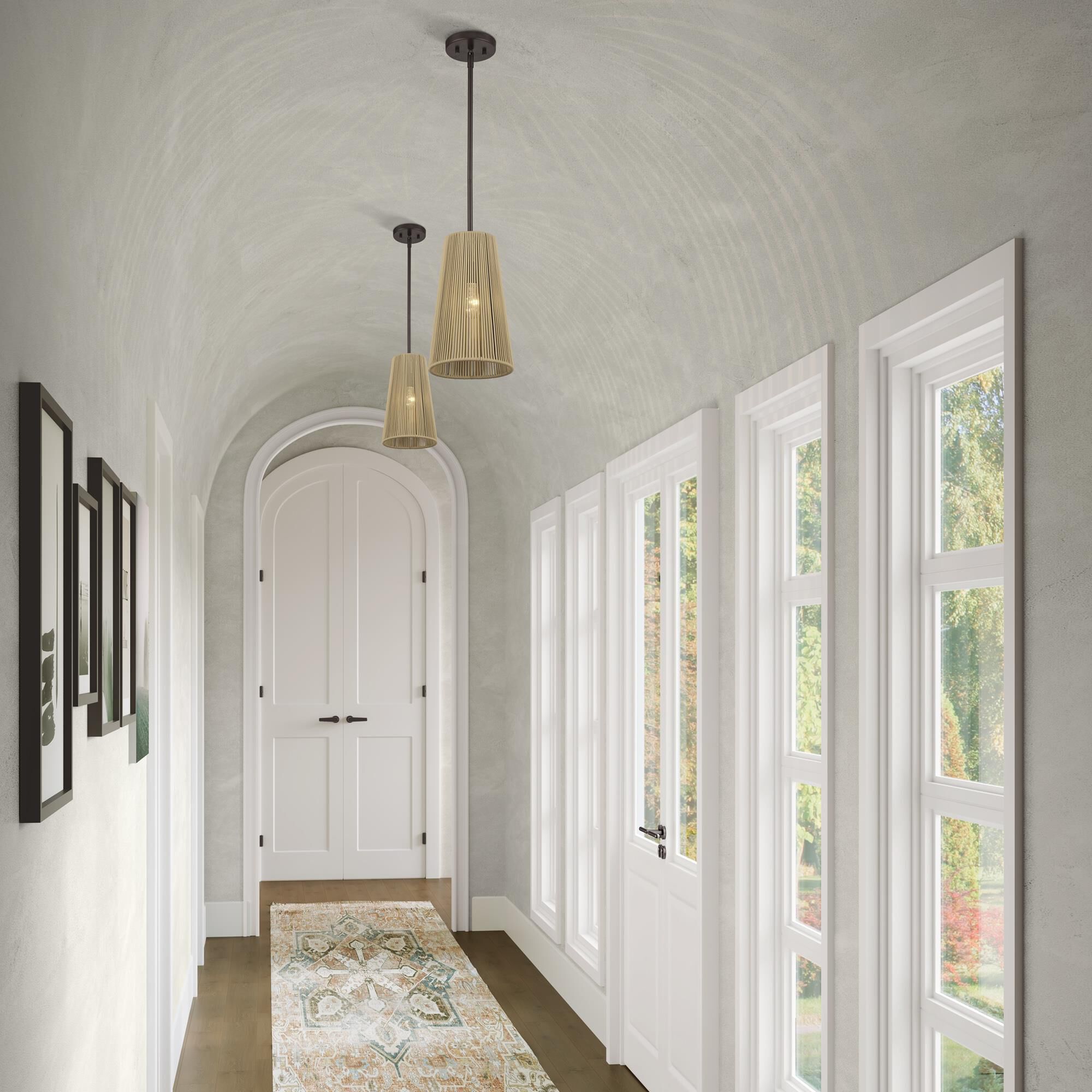 Shown in English Bronze finish and Hand-Woven Venetian Gold Color Polyester Rope shade