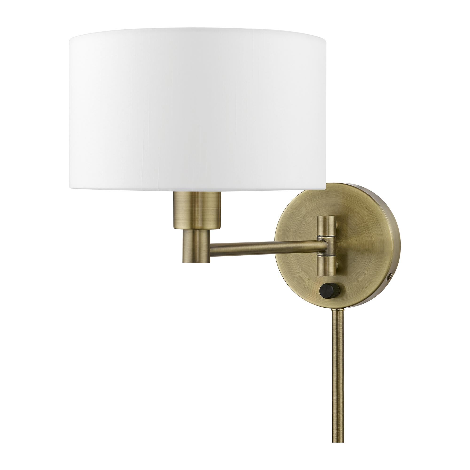 Shown in Antique Brass finish and Hand Crafted Off-White Hardback Fabric shade