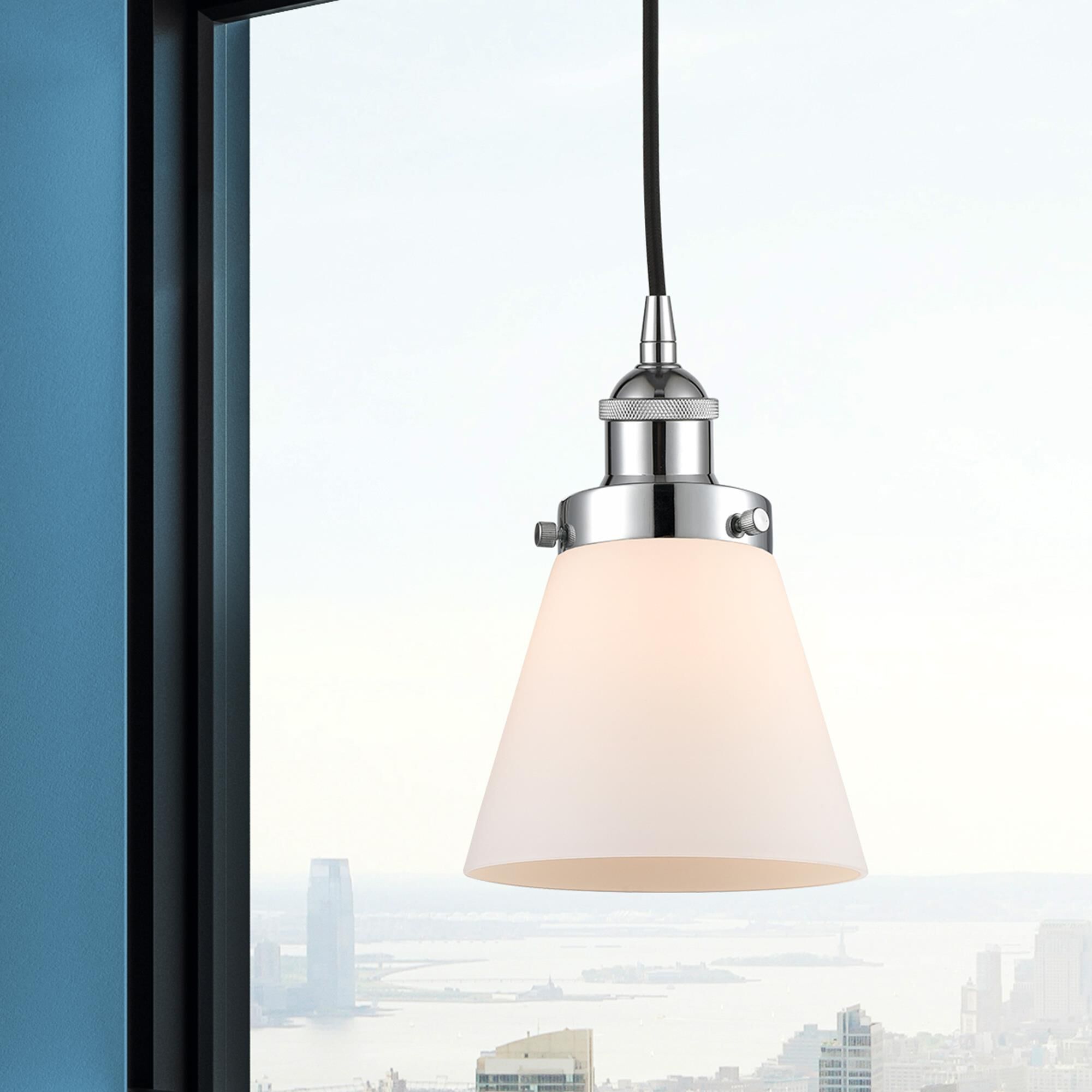 Shown in Polished Chrome finish and Matte White Cased Small Cone glass