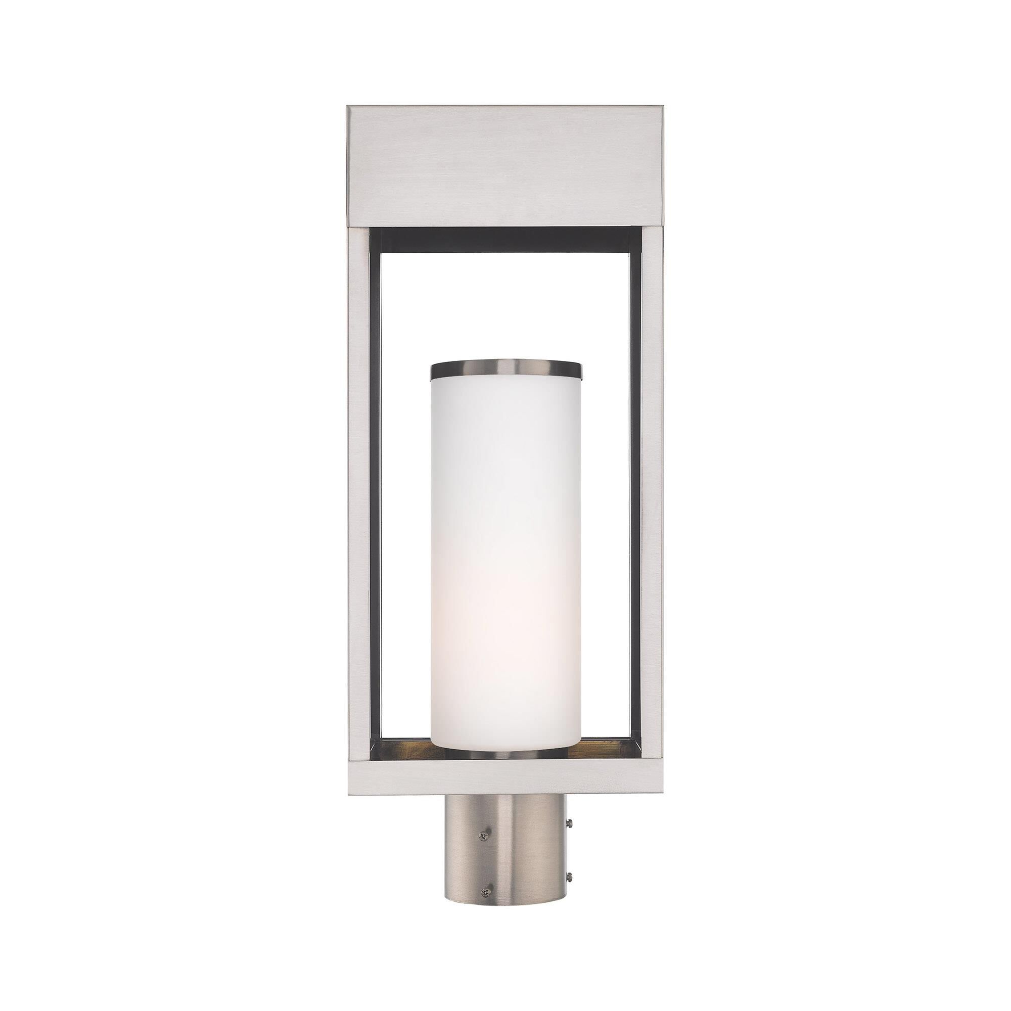 Shown in Brushed Nickel finish and Hand Blown Satin Opal White Cylinder glass