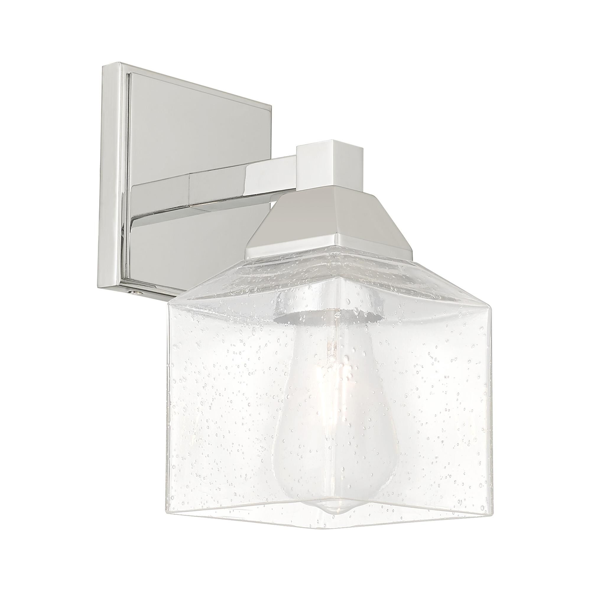 Shown in Polished Chrome finish and Hand Blown Clear Seeded glass