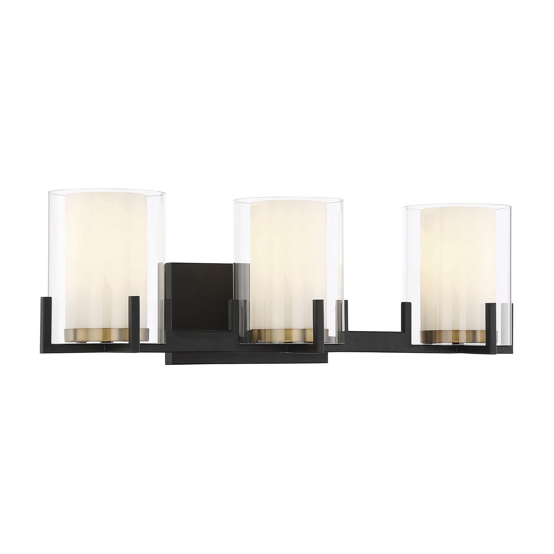 Shown in Matte Black With Warm Brass Accents finish and Clear Outer , White Opal Chimney glass and Glass shade