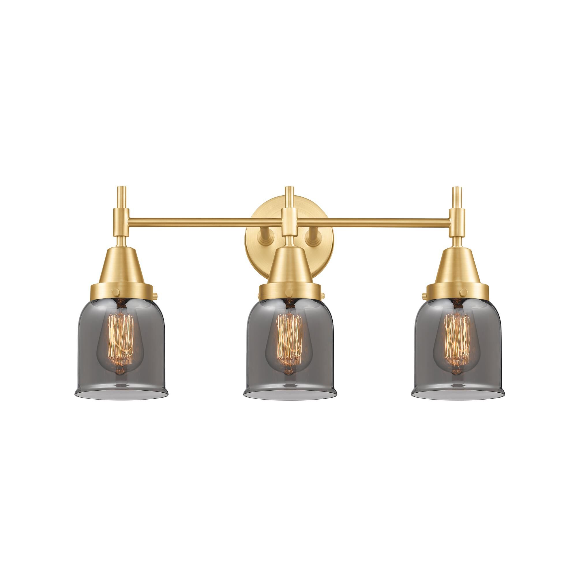 Shown in Satin Gold finish and Plated Smoke Small Bell glass