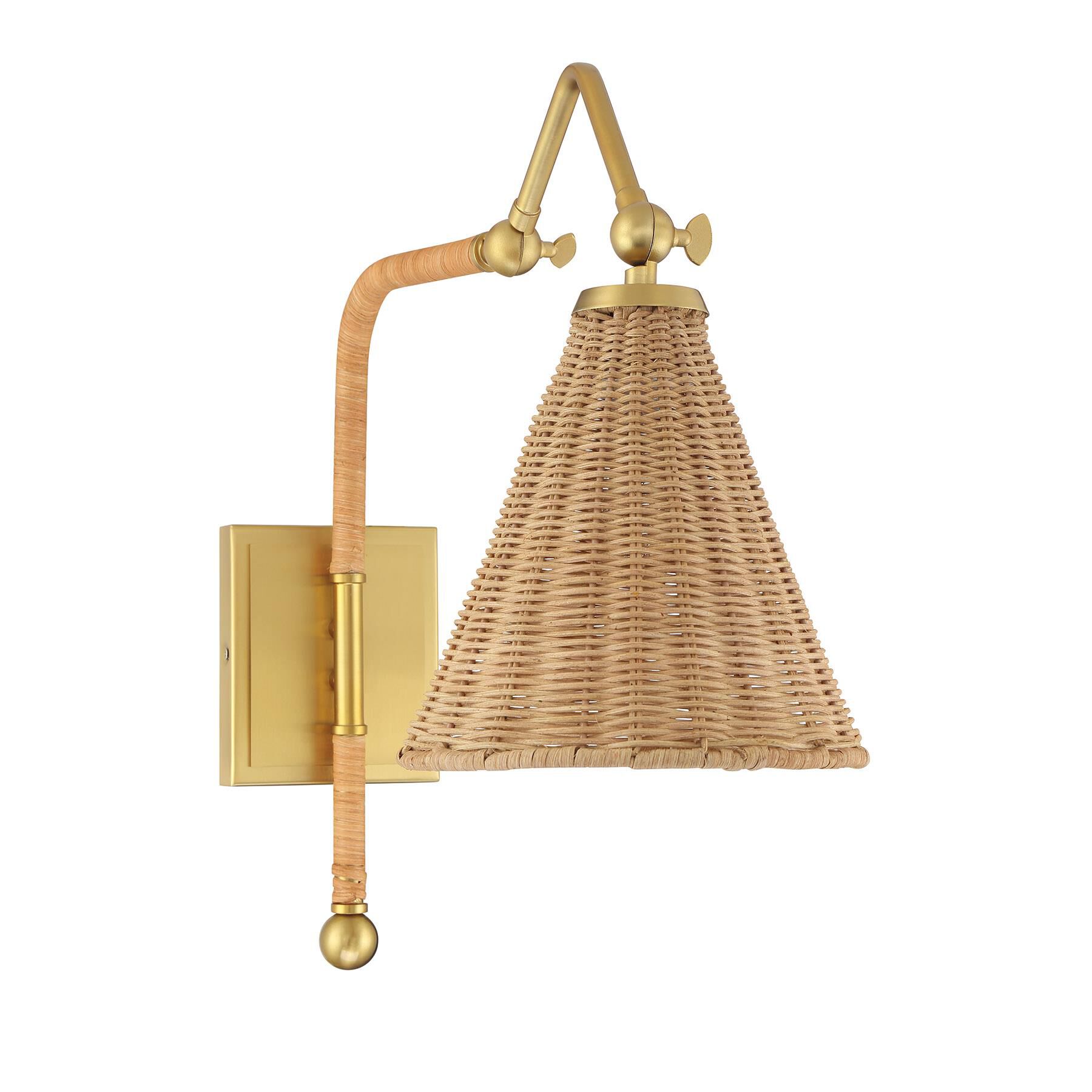Shown in Warm Brass finish and Natural Rattan shade