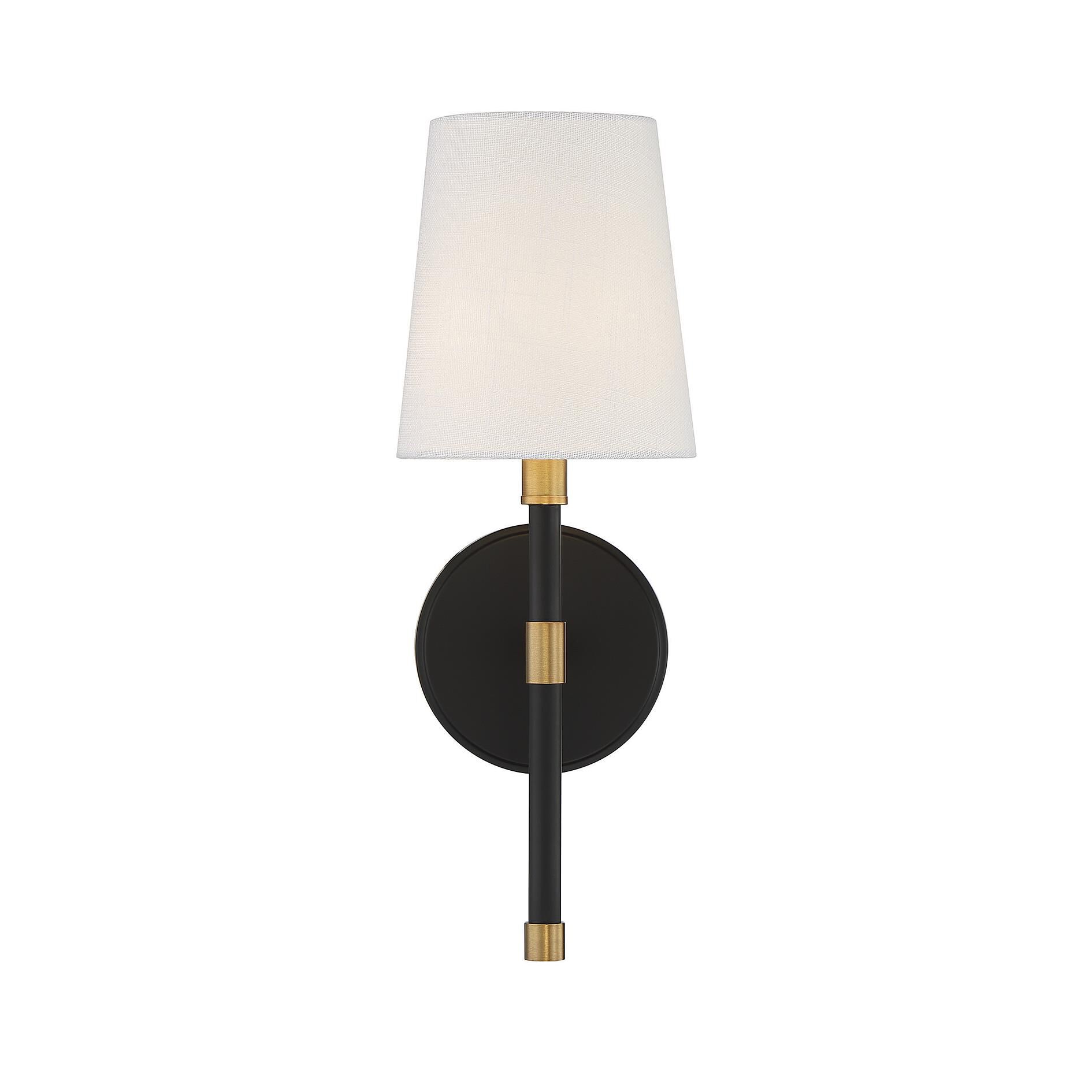 Shown in Matte Black With Warm Brass Accents finish and White Fabric shade