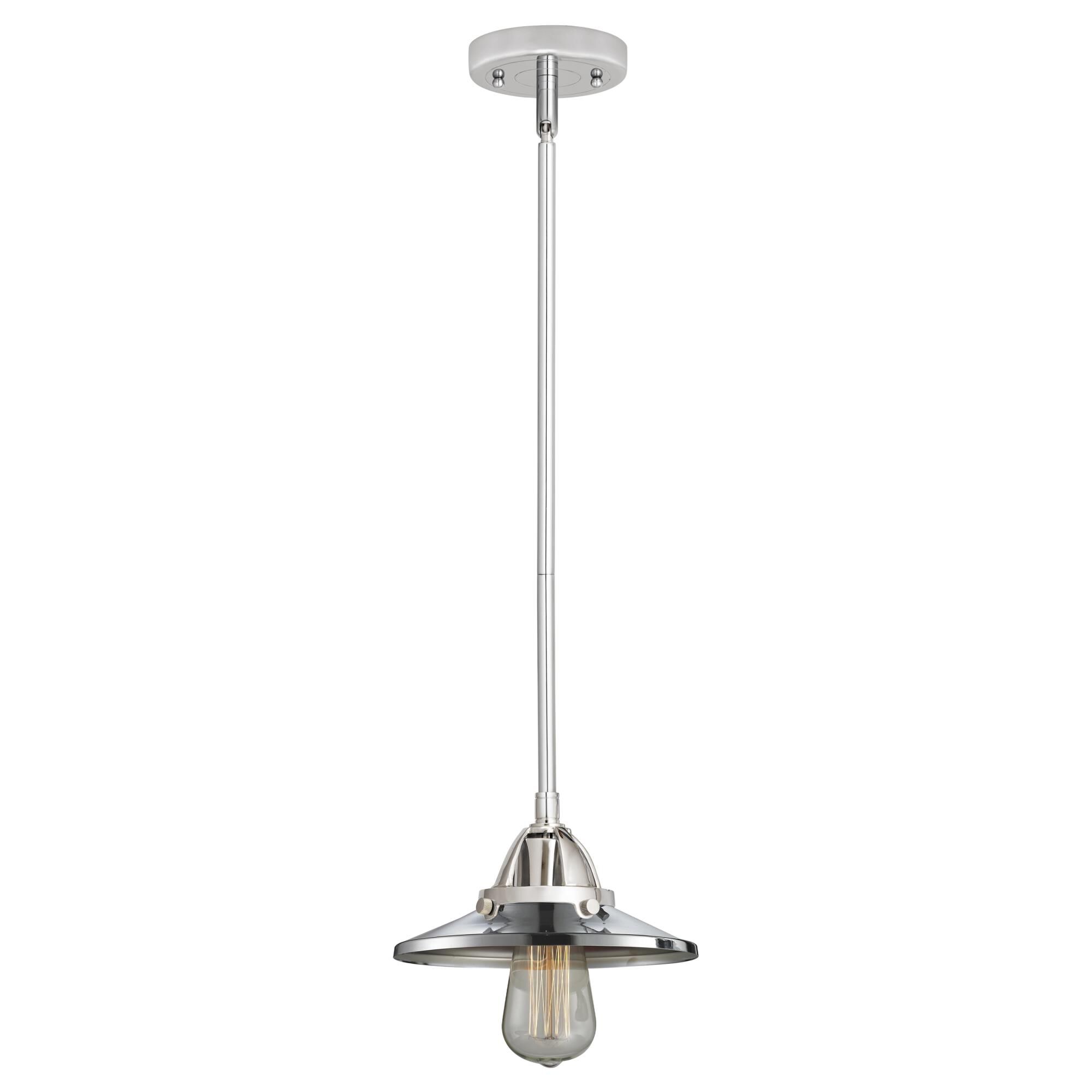 Shown in Polished Chrome finish and No Glass glass and Polished Chrome Railroad shade