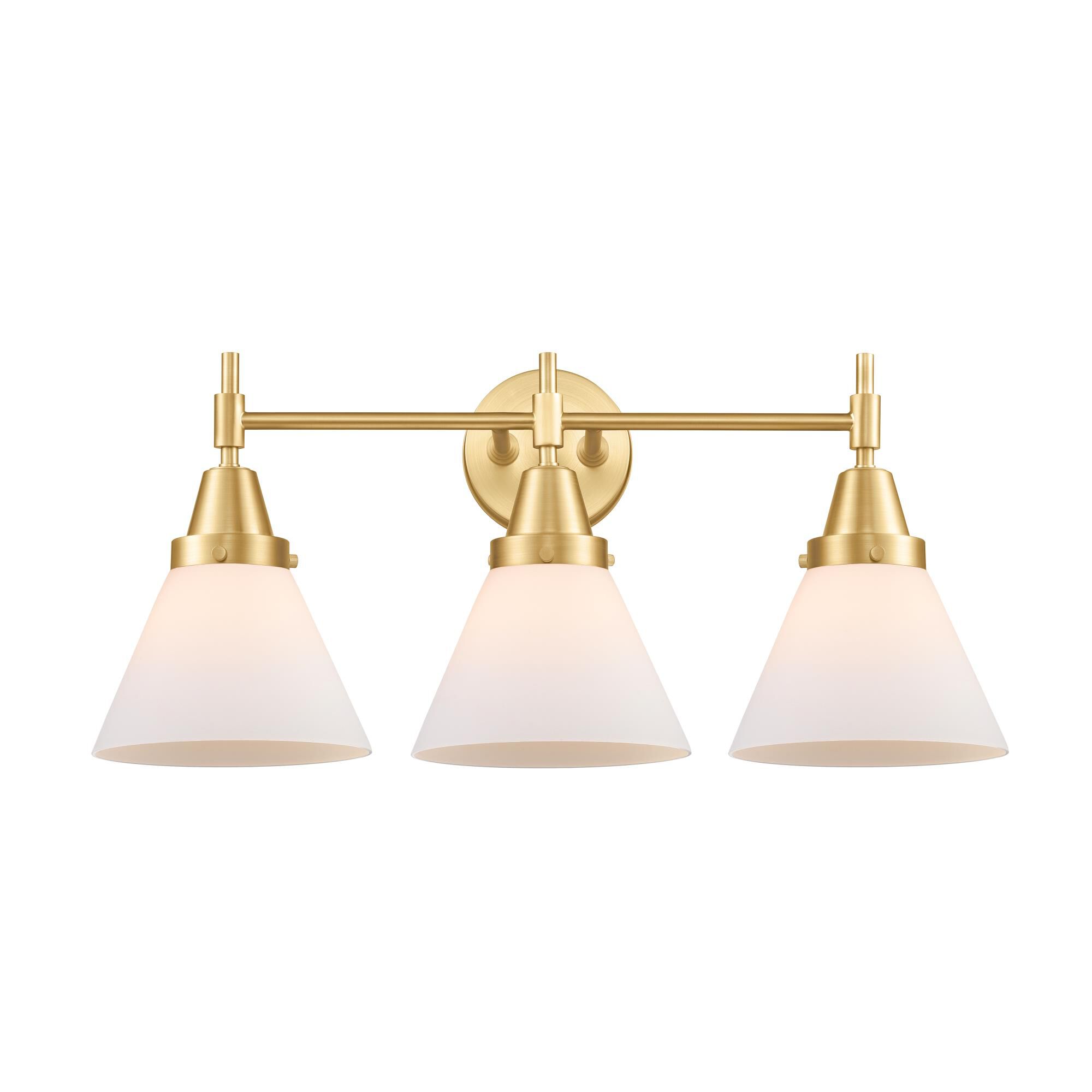 Shown in Satin Gold finish and Matte White Cased Large Cone glass