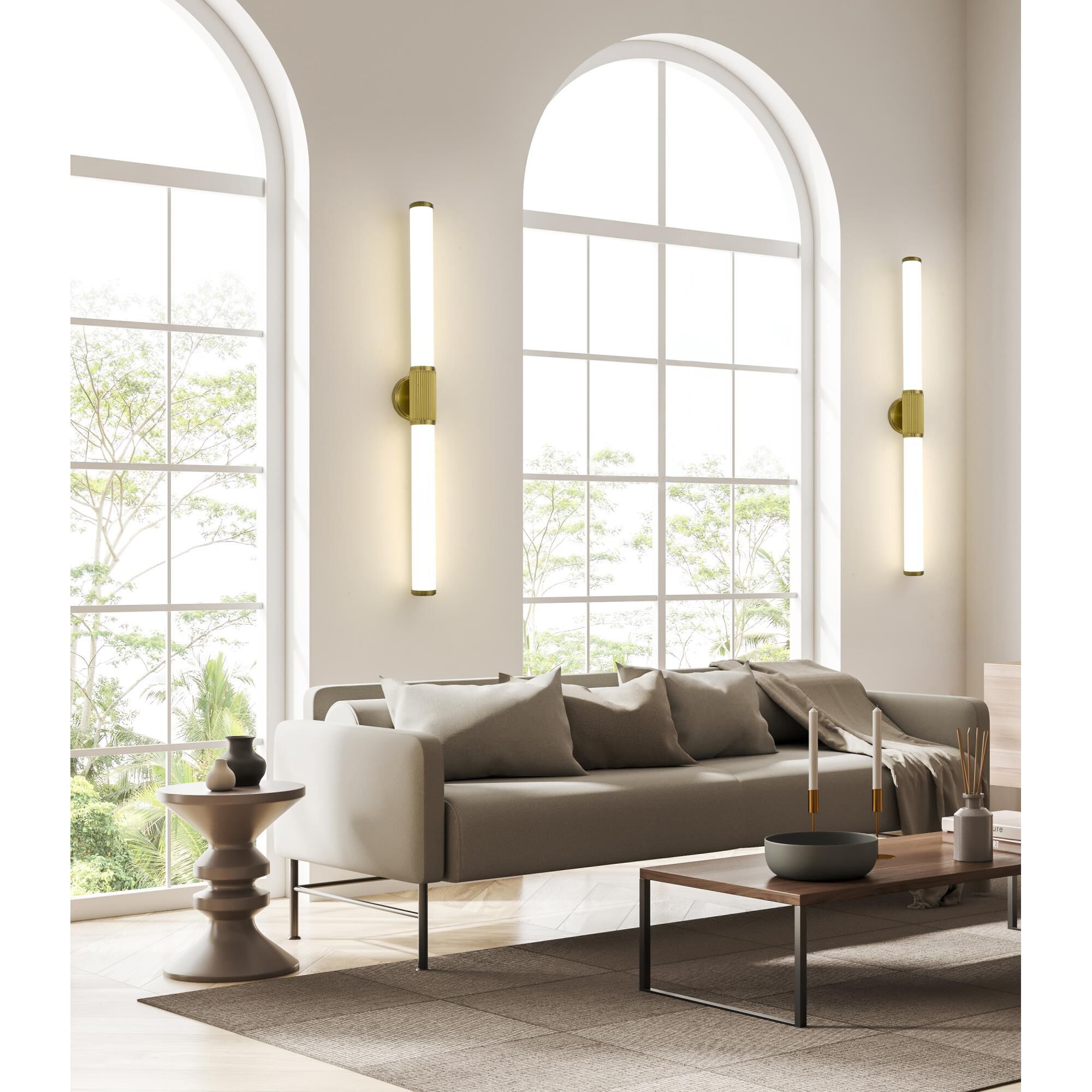 Shown in Modern Gold finish and Opal White glass and Opal White shade