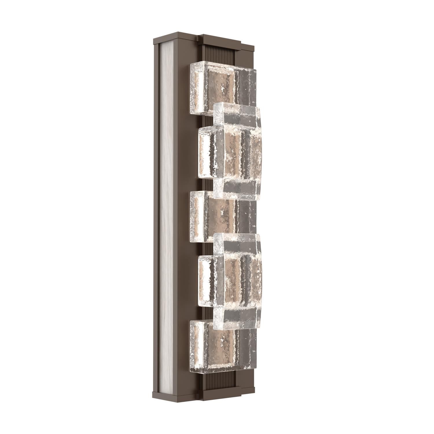 Shown in Flat Bronze finish and Rough Seedy glass and Light Oak accent