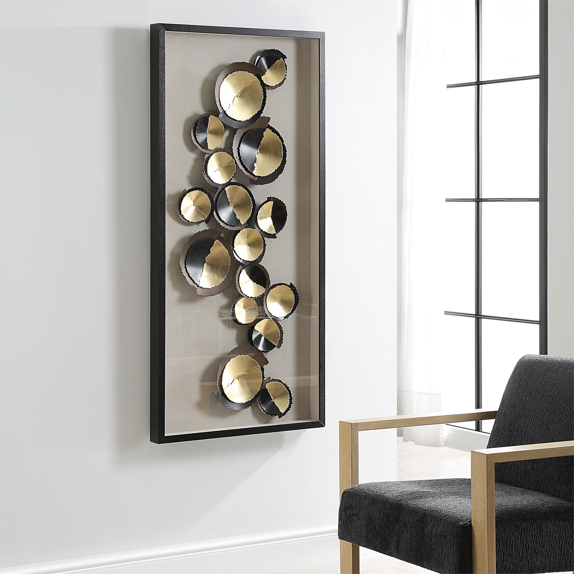 Shown in An Artful, Layered Assortment Of Serrated Edge Iron Discs Accented With Gold Leaf Centers. The Artwo finish