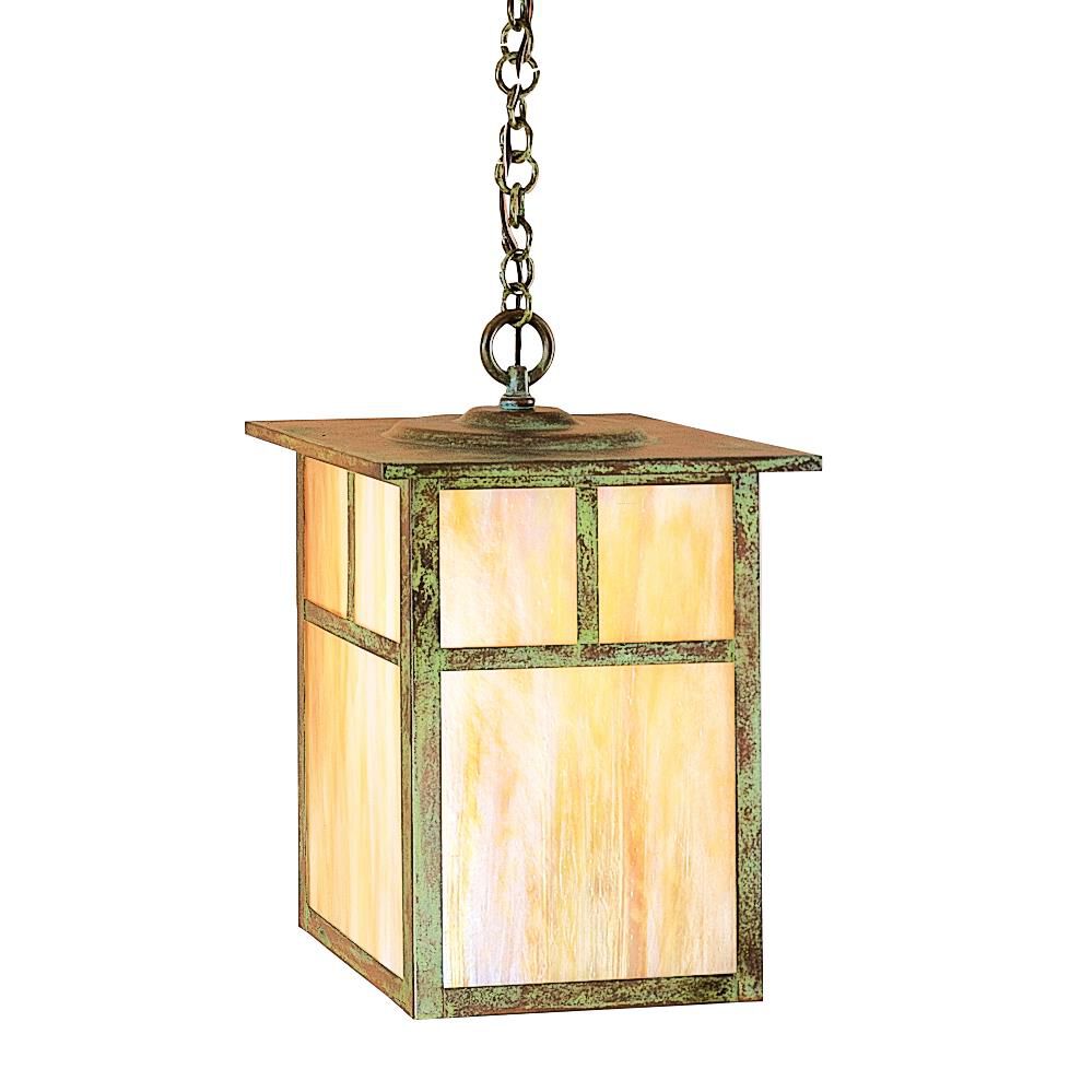 Shown in Verdigris Patina finish and Gold White Iridescent glass and T-Bar Overlay accent
