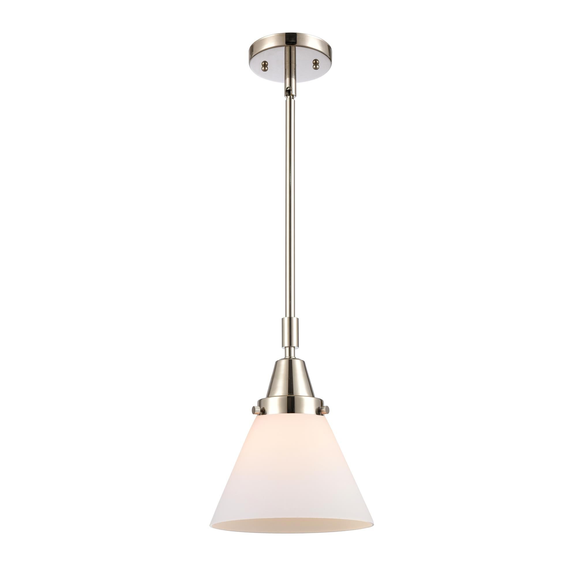 Shown in Polished Nickel finish and Matte White Cased Large Cone glass