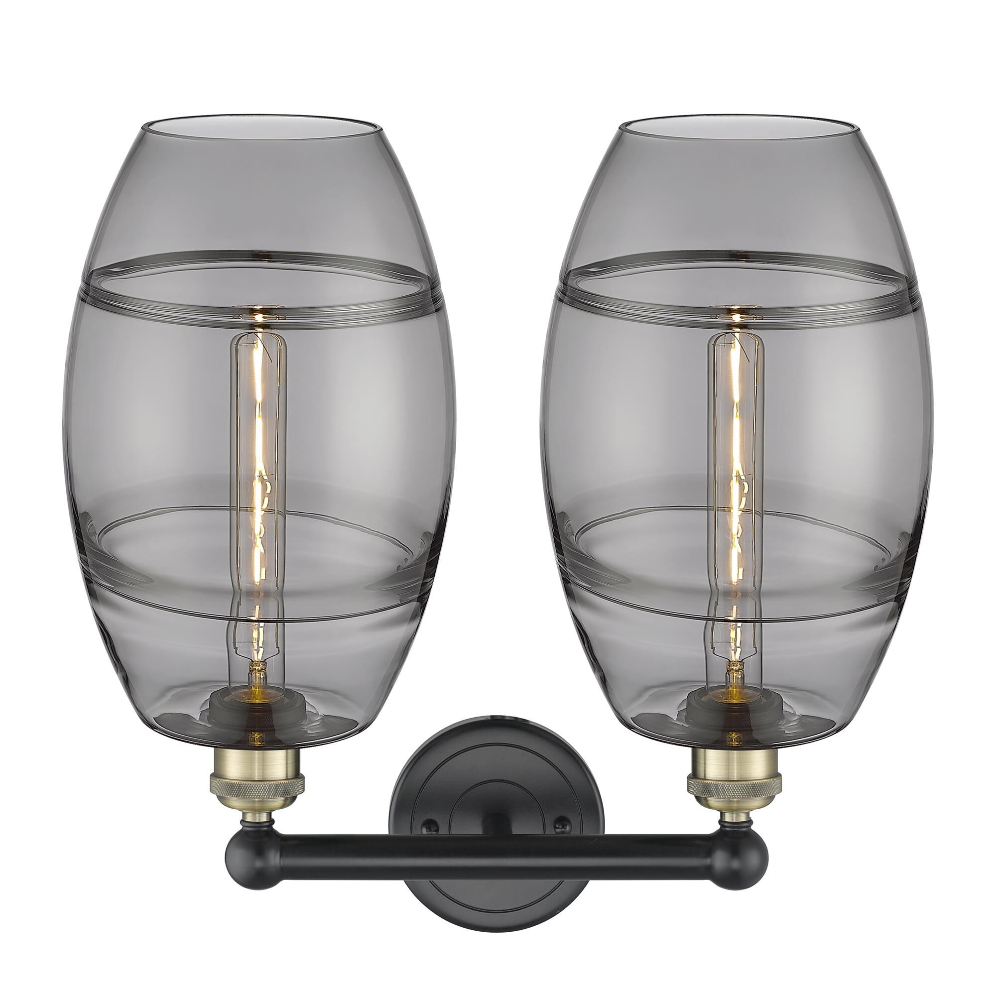 Shown in Black Antique Brass finish and Light Smoke glass