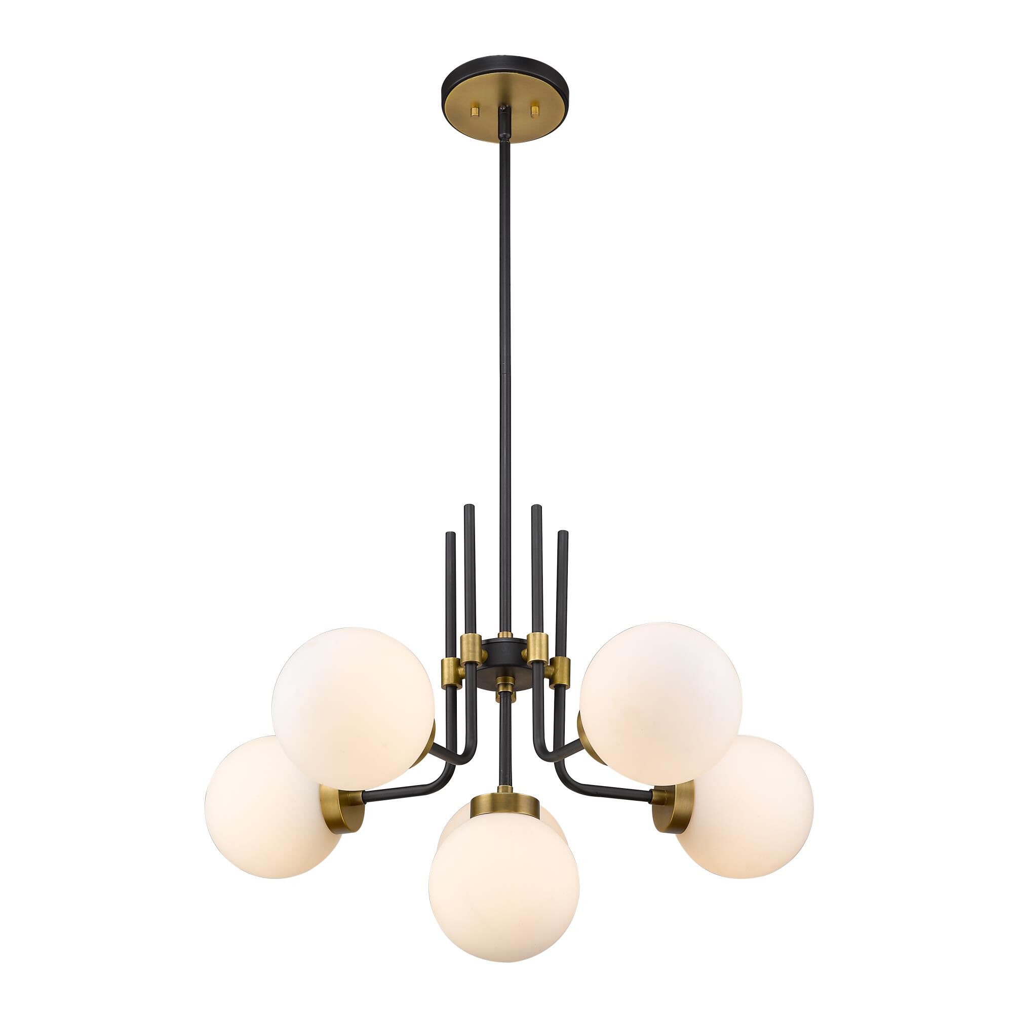 Shown in Matte Black + Olde Brass finish and Glass shade