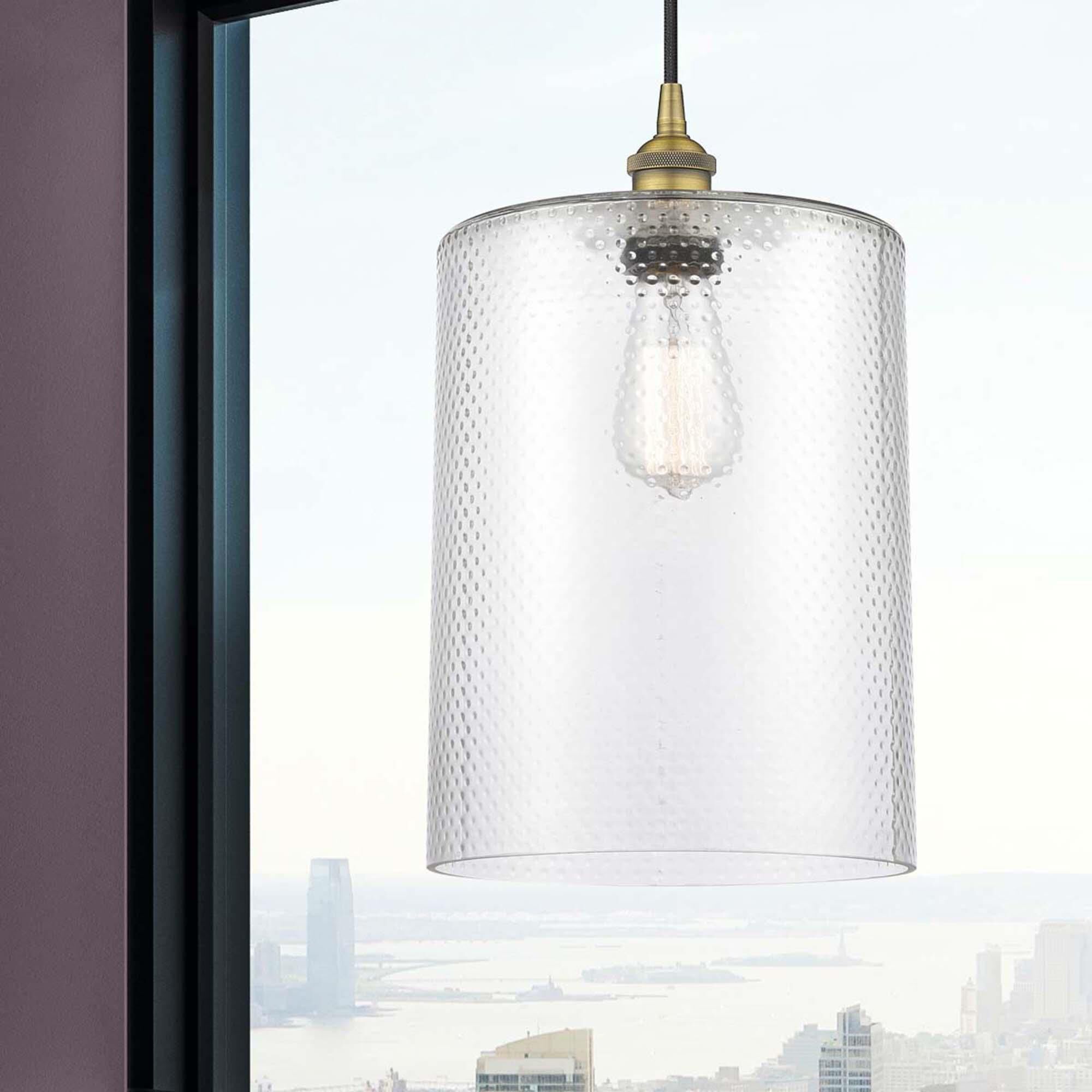 Shown in Brushed Brass finish and Clear glass and Cord Hung accent