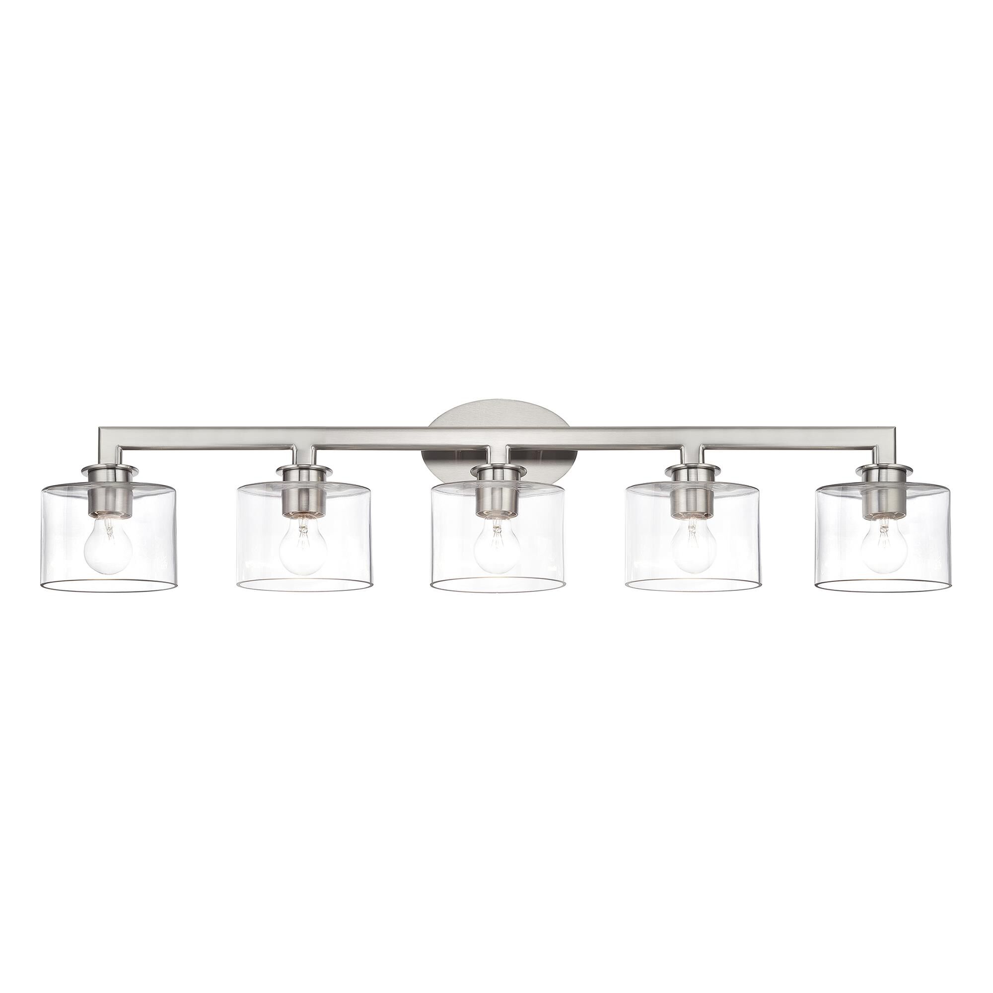 Shown in Brushed Nickel finish and Mouth Blown Clear glass