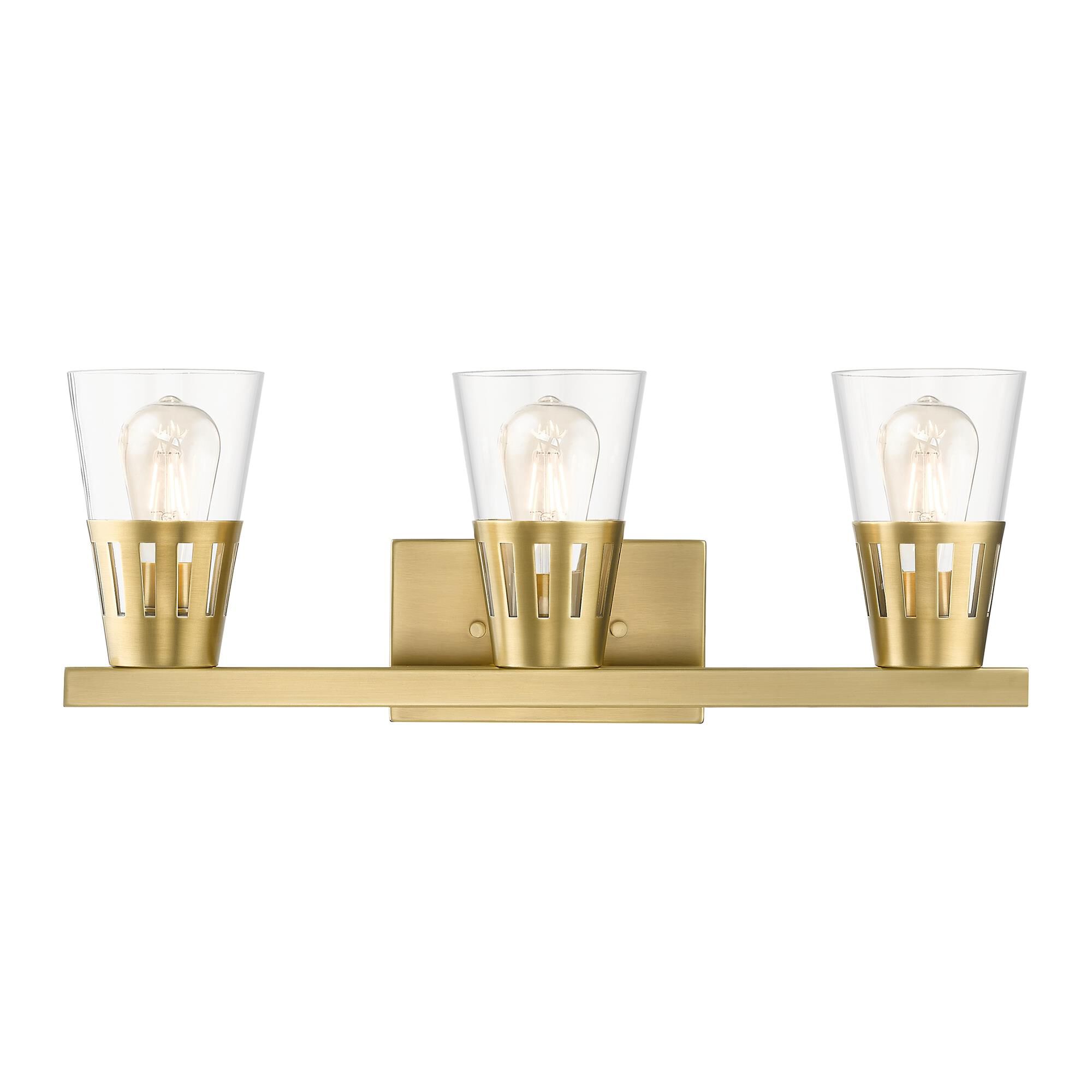 Shown in Natural Brass finish and Hand Blown Clear glass