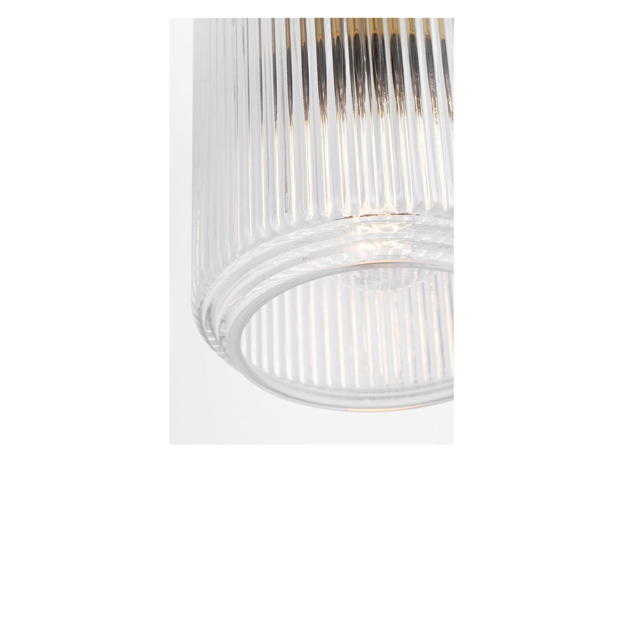 Shown in Burnished Brass finish and Clear Ribbed glass