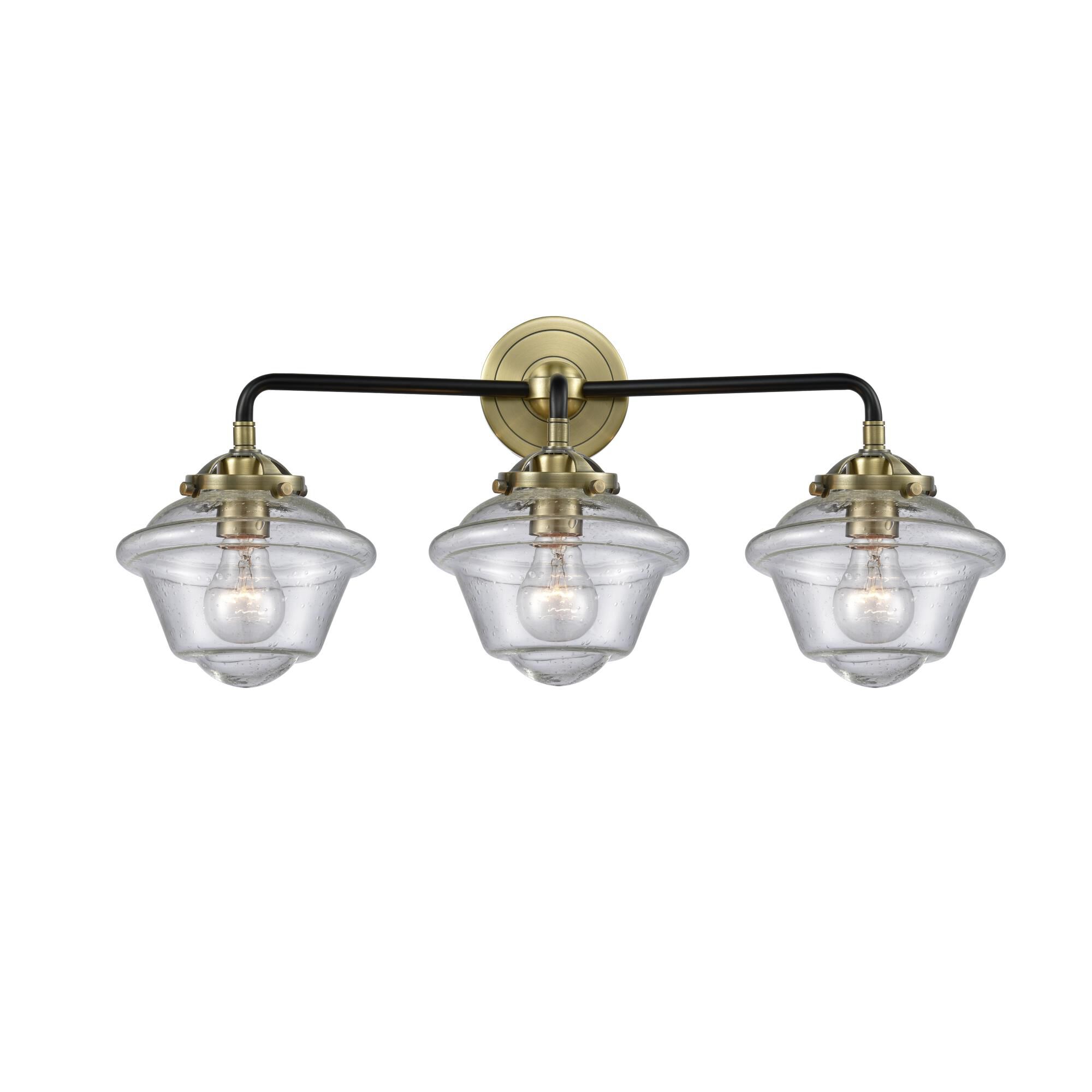 Shown in Black Antique Brass finish and Seedy glass