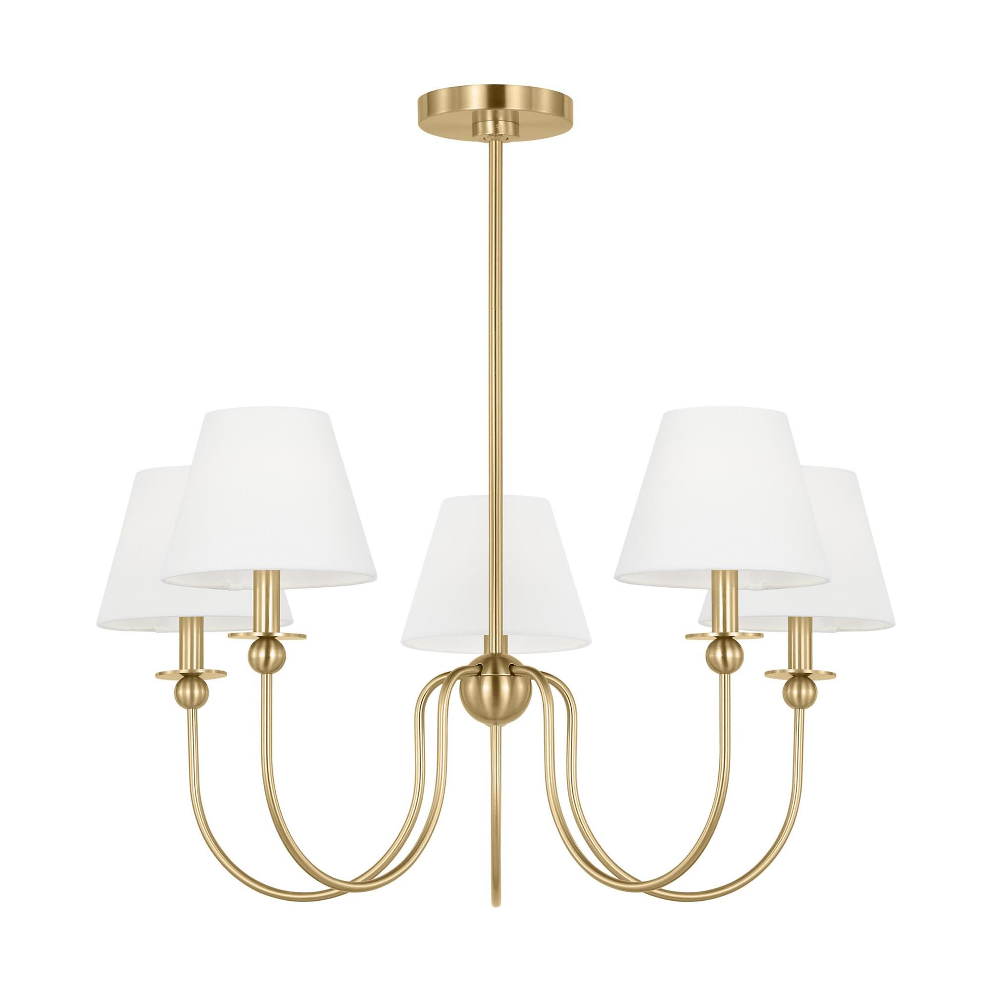 Shown in Satin Brass finish and White Linen shade