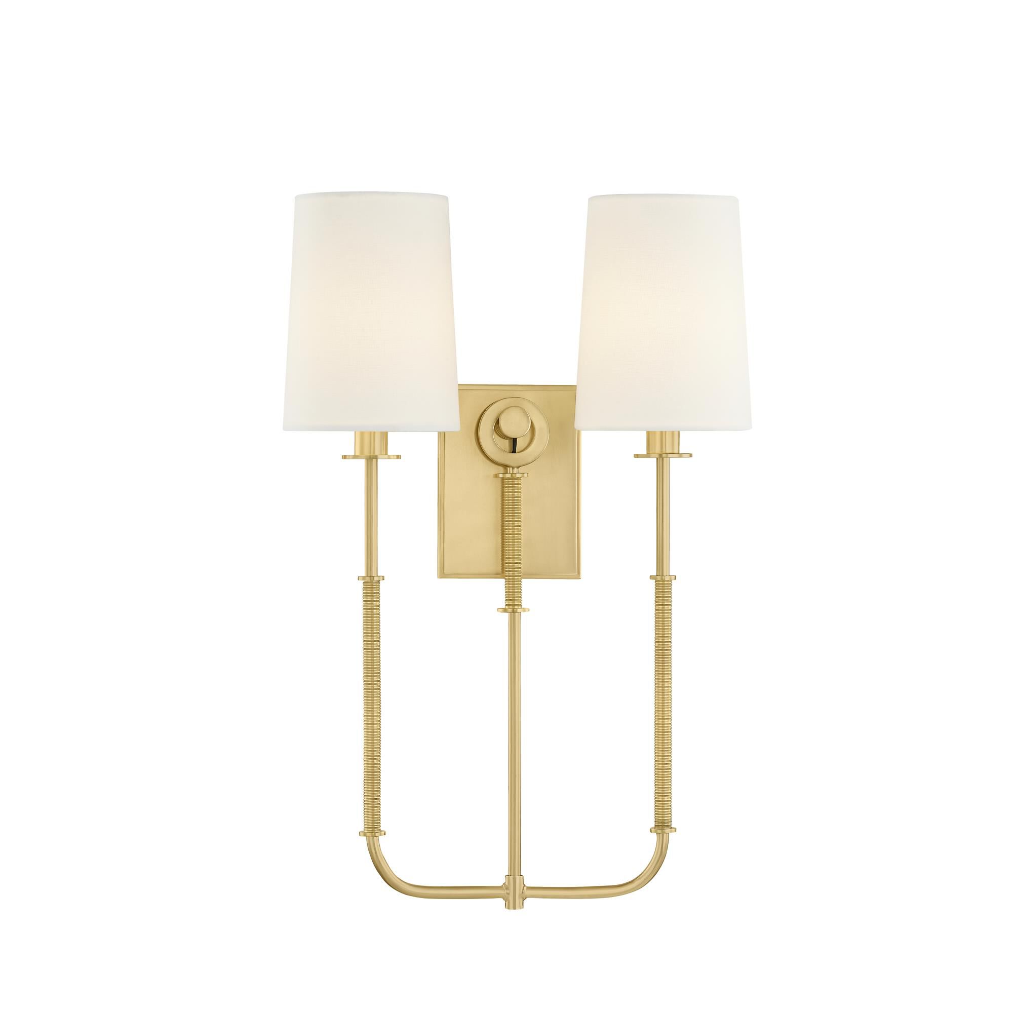 Shown in Aged Brass finish and White Linen shade