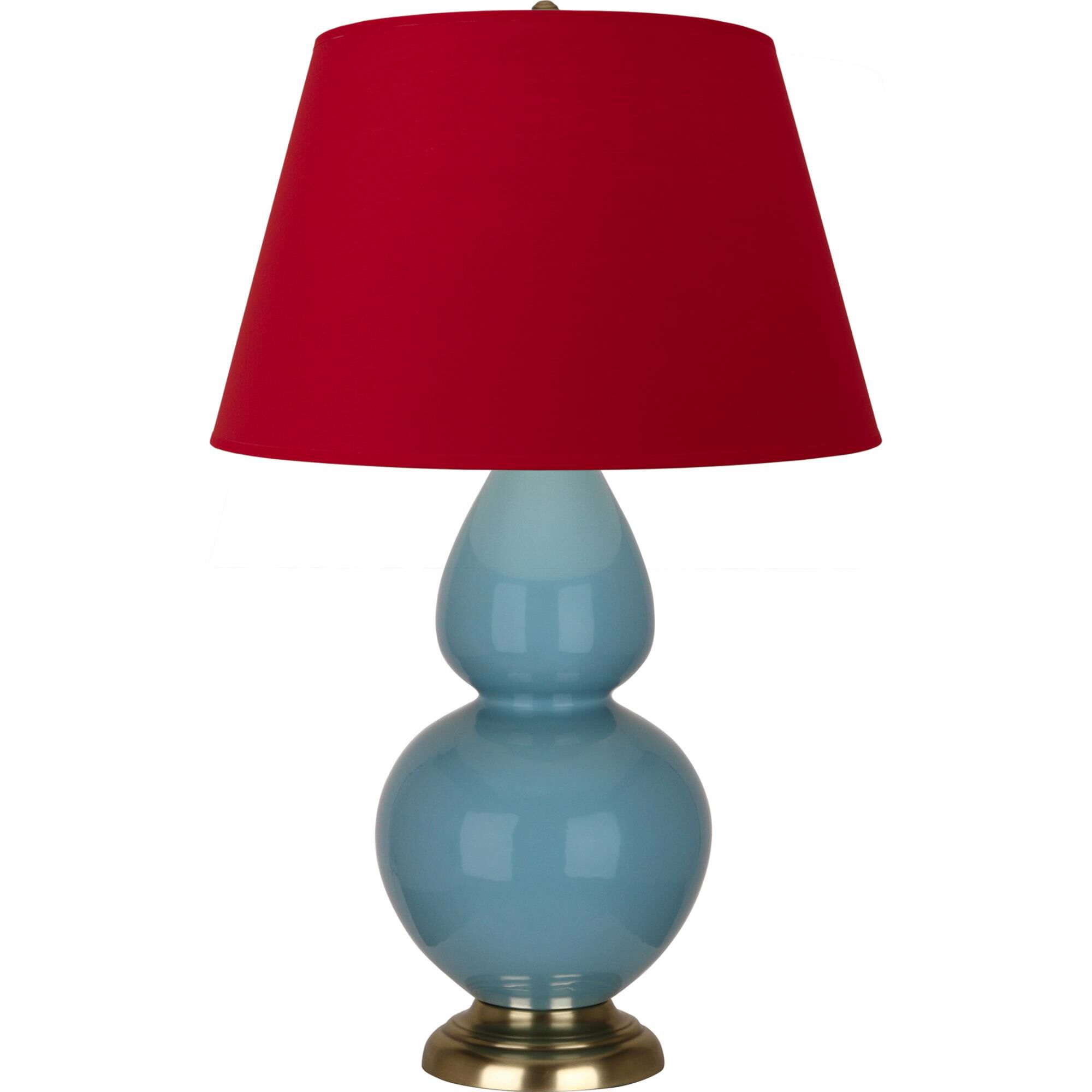 Shown in Steel Blue finish and Black and Red shade and Antique Brass accent
